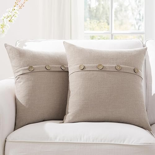 Meekio Juego de 2 fundas de almohada color camello jaspeado de 18 x 18 pulgadas, fundas de almohada rurales con botones de coco para sofá, sala de