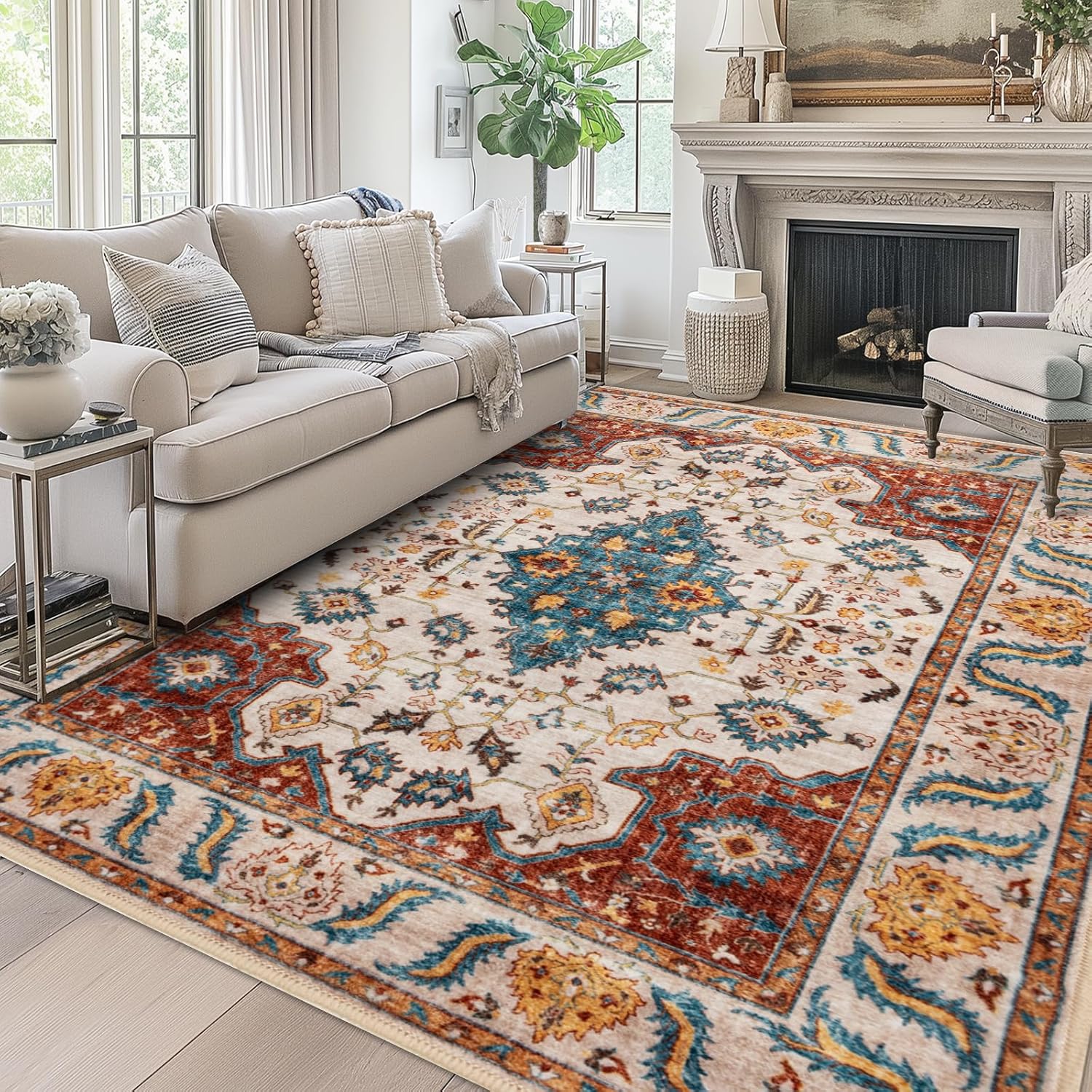 Area Rug 8x10 for Living Room Soft Machine Washable Low Pile Area Rugs Vintage Boho Bedroom,Dinner Room Non-Slip Carpet Rug - Brick Red