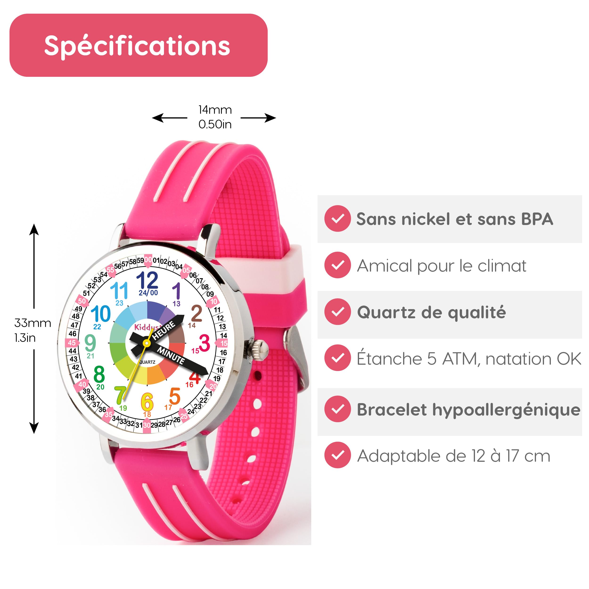 Kiddus Montre Enfant Fille et Garçon à partir de 5 Ans, Montre Éducative Analogique à Aiguilles, Apprentissage de l'Heure, Mouvement Japonais