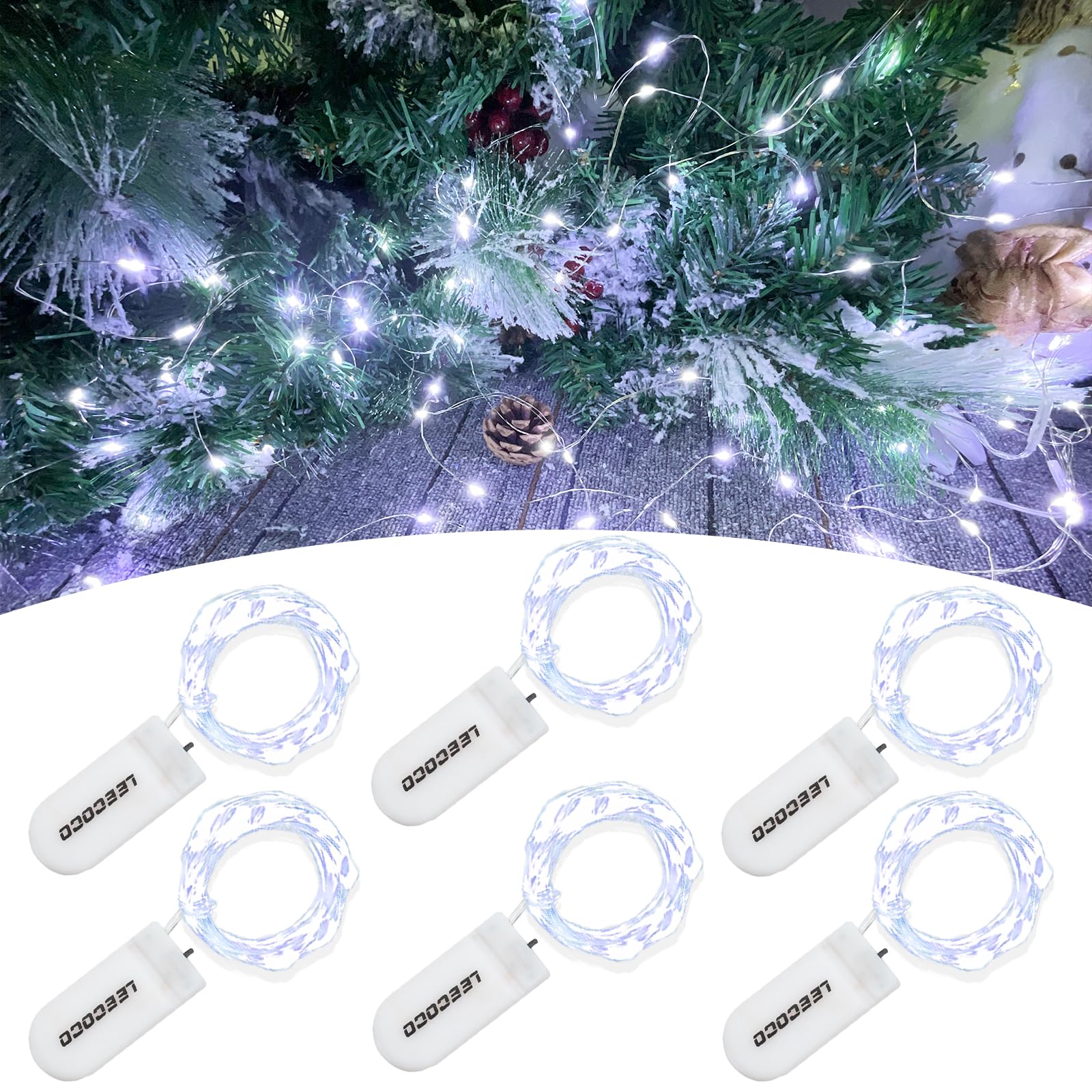 LEECOCO 6 Stück 2m 20 Led lichterkette mit batterie,fur Weihnachten, Hochzeitsdekoration (6 Stück Kaltweiß)