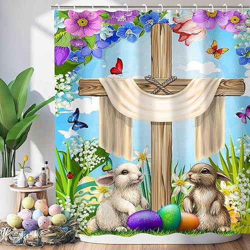 Cortina de ducha de Pascua, cortina de ducha con 12 ganchos, cortinas de ducha de Pascua para decoración de baño, 72 x 72 pulgadas