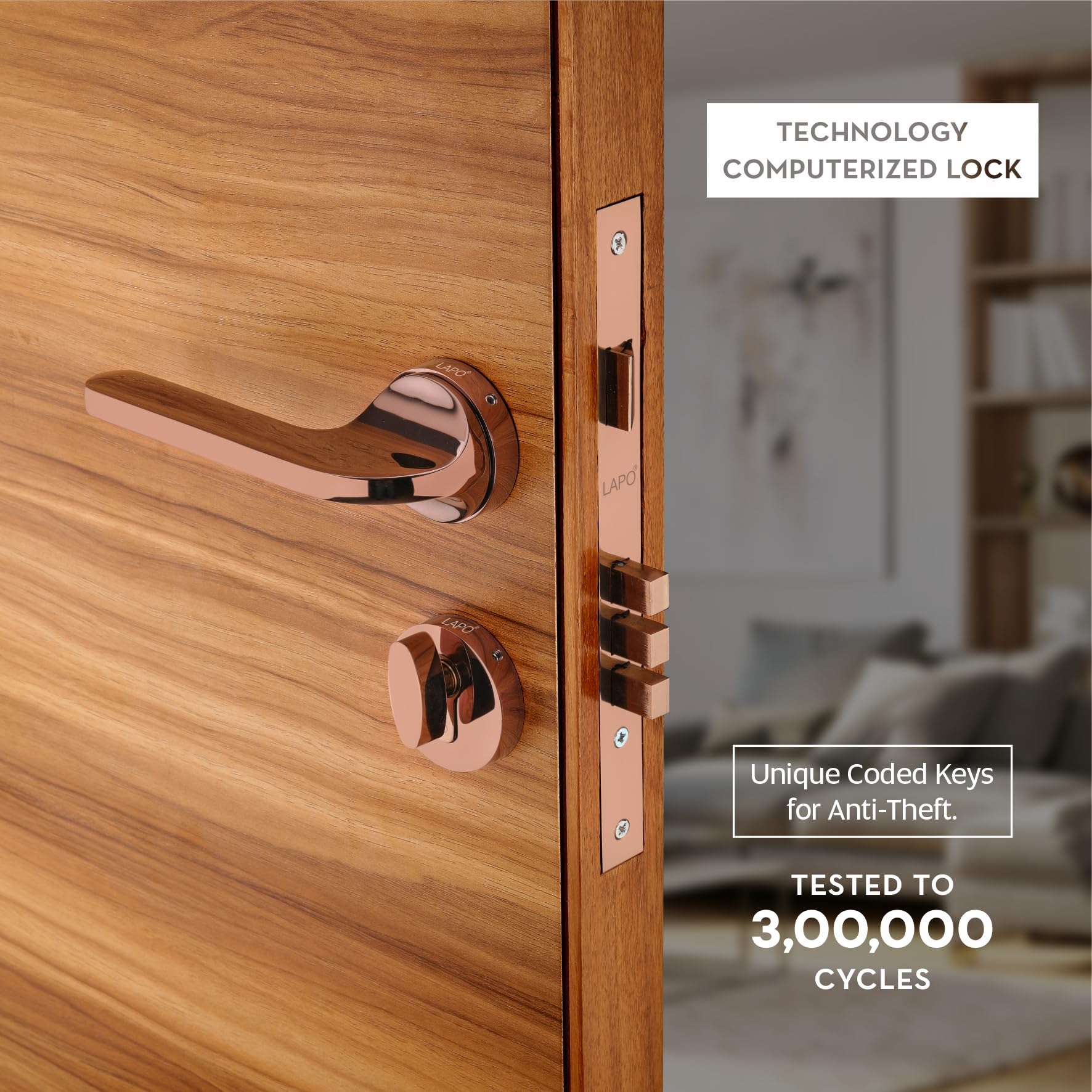 LAPO Mortise Door Lock for Home Main Door & Bedroom with Handle | Left-Right Fit 30-50mm Door Home Office Hotel | 3 Brass Keys | Heavy-Duty 70mm Cylinder | 50x85mm Body | Rose Gold Finish | Ro-127 2