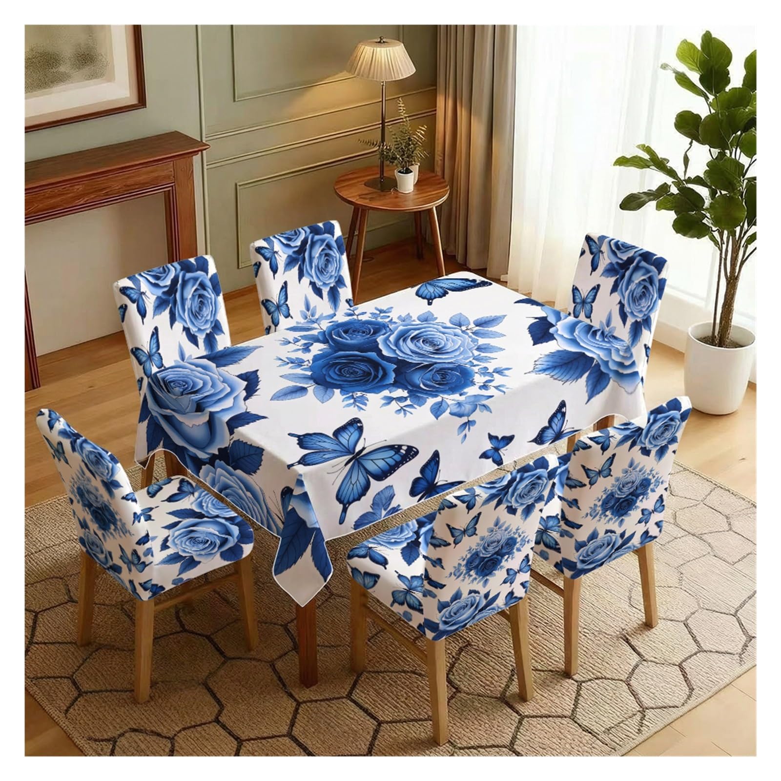 Nappe et housses de chaise bleu rose motif papillon | Décoration maison extensible 7 pièces