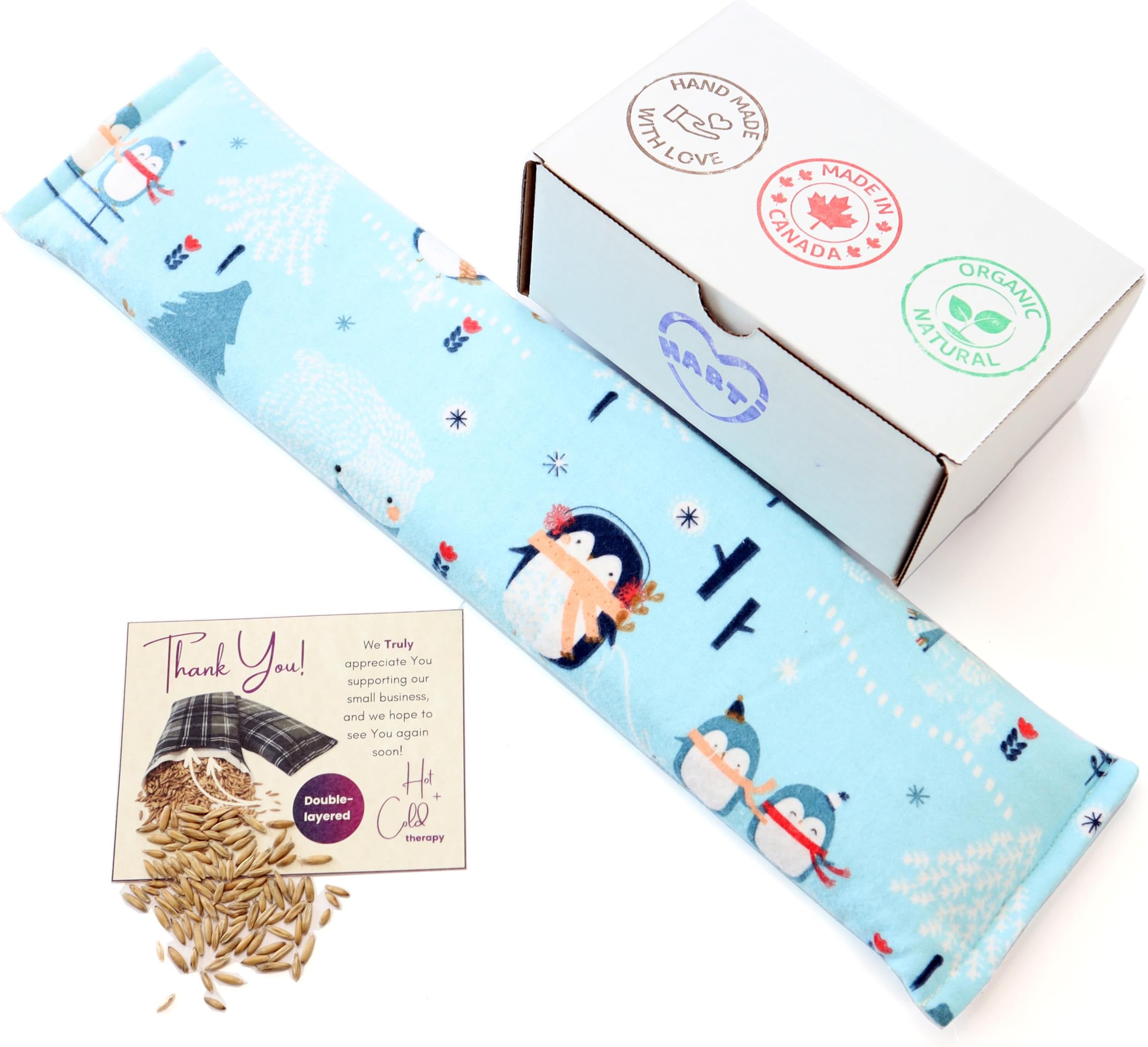 Microwave Double-Layered Heating Pad for Pain Relief - Extra Long 19"x5" Moist Heat for Back Neck Shoulders Cramps Sore Muscles Aches and Joints - Oats Bean Bag Pack Neck Wrap. Penguin's Fun Arctic
