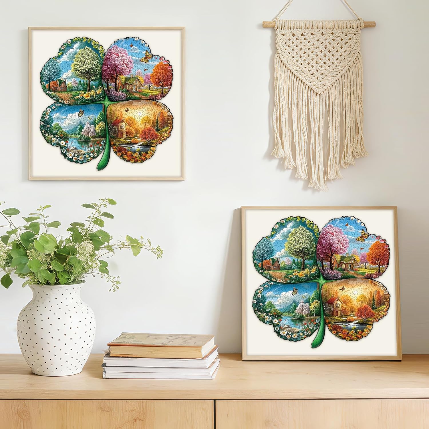 Wooden Jigsaw Puzzle for Adults - 244 Pieces Four Seasons Clover Landscape Puzzles, Premium Wooden Puzzle with Unique Animal Shapes, Artistic Brain Teaser Puzzles Gift for Adults (Shamrock)