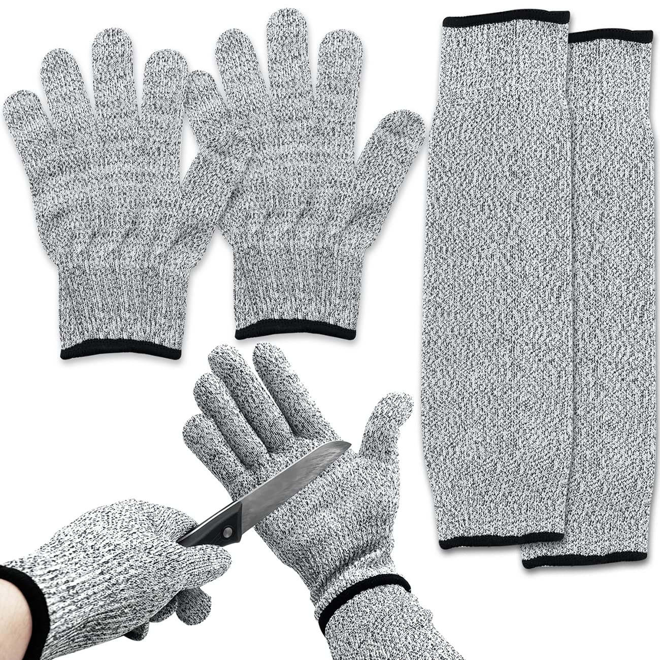 1 Pair Cut Resistant Arm Protectors + 1 Pair Cutting Proof Gloves, Level 5 Protection, Safety Kitchen Elastic Gloves & Sleeves Set for Men Women Protective Finger Garden Farm Shucking Fish, Gray