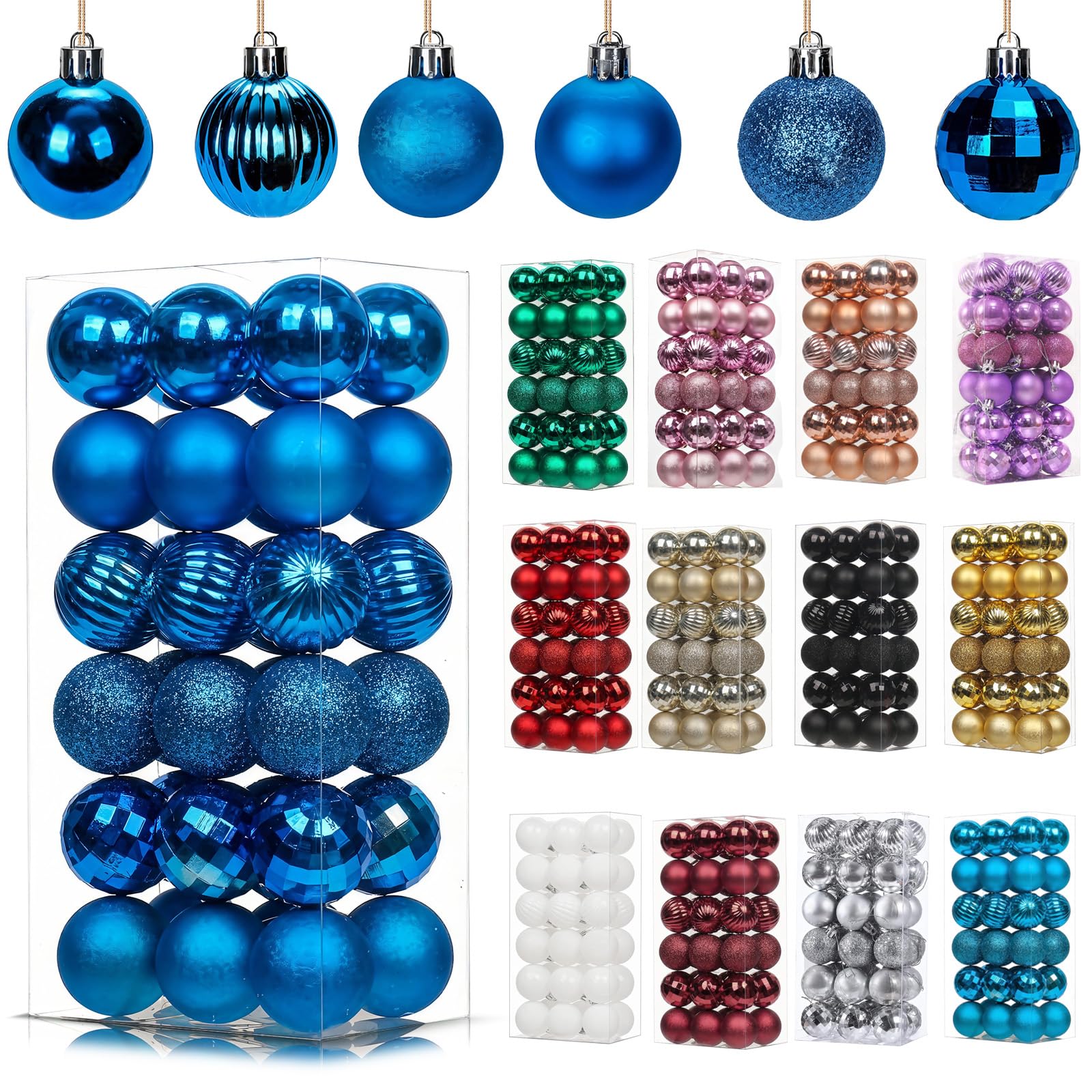 36Pcs Blue Baubles for Christmas Tree Decorations,40mm/1.57" Small Xmas Bauble Hanging Ball,Christma Balls Ornaments with Strings,Shatterproof Blue Christmas Baubles for Xmas Tree Holiday Party Decor