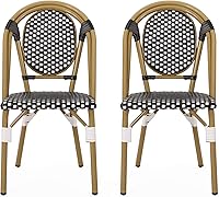 Christopher Knight Home Gwendolyn Outdoor French Bistro Chairs Set of 2 - Black, White, Bamboo Finish, Rust-Resistant Aluminum