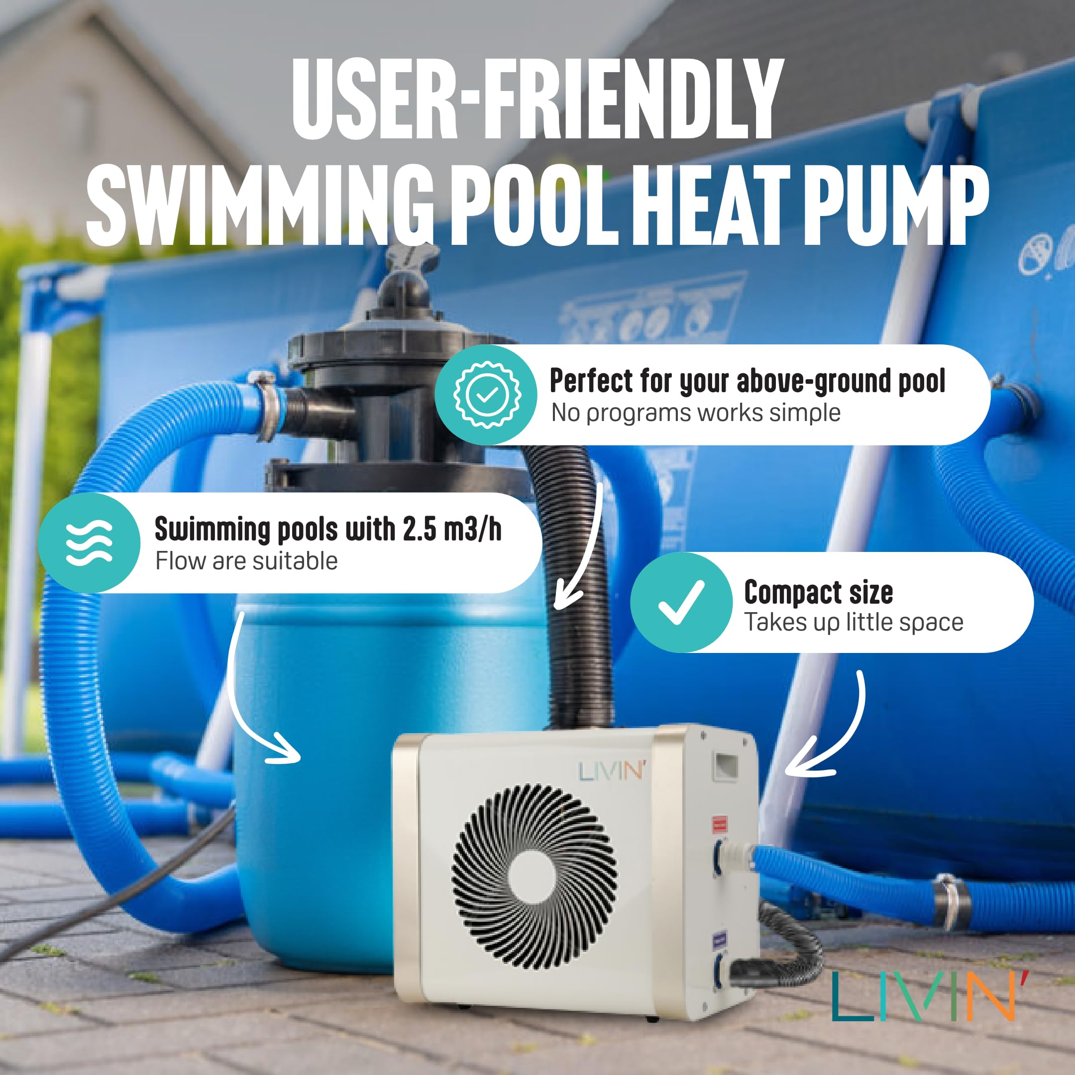 LIVIN' Minibomba de calor para piscina de 5 kW, accesorios para piscina con 32/38 mm de diámetro, para calentar piscinas grandes con 20.000 L de capacidad, indicador LED, corriente de 230 V,
