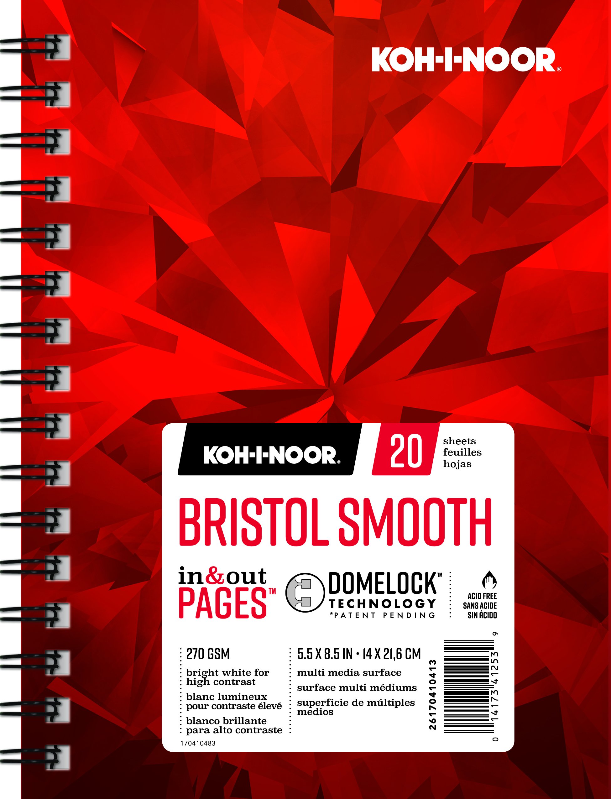 Koh-I-NoorBristol Smooth Bright White Paper Pad with In and Out Pages, 270 GSM, 5.5 x 8.5", Side Wire-Bound, 20 Sheets per Pad (26170410413)