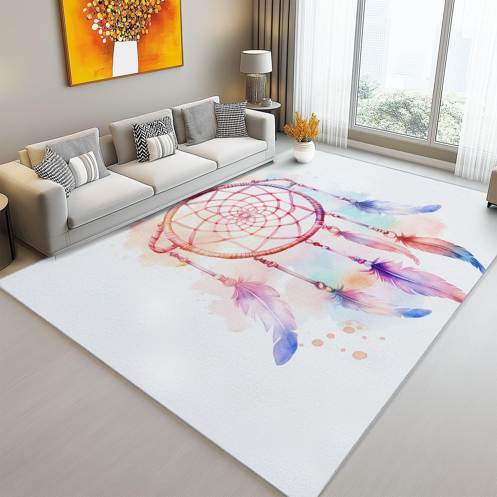 80 x 150 cm Teppich für Wohnzimmer – Kurzflor, Extra Weich & Pflegeleicht, Rechteckiger Teppich mit Aquarell-Traumfänger, geeignet für Schlafzimmer Küche Esszimmer & Kinderzimmer, Weiß