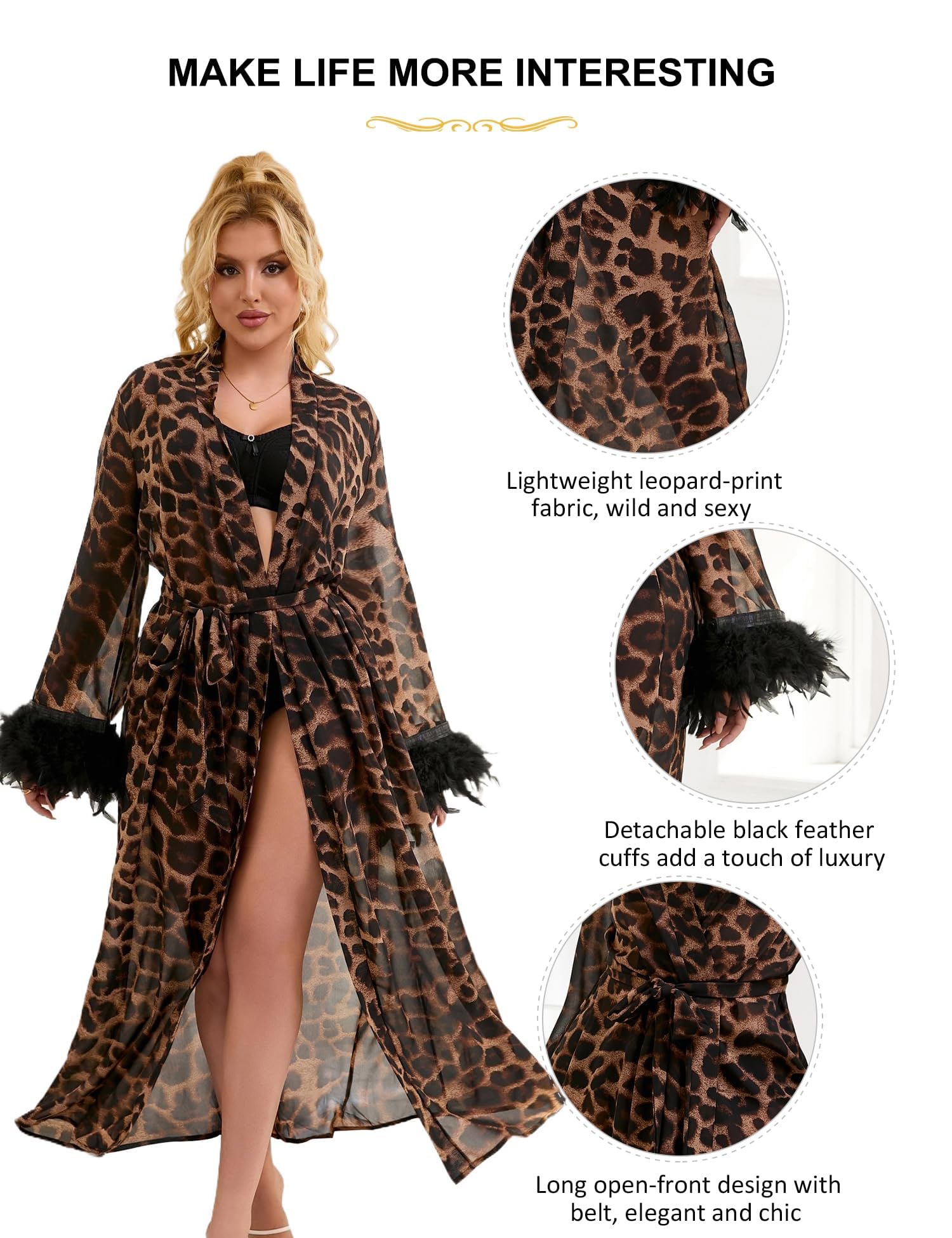 Robe Femme Longue Sexy Leopard Kimono Grande Taille Chiffon Chemise de Nuit Manche Longue Nuisette avec Ceinture Robe de Chambre Peignoir de Bain Paréo Cache-maillot Pour Photos