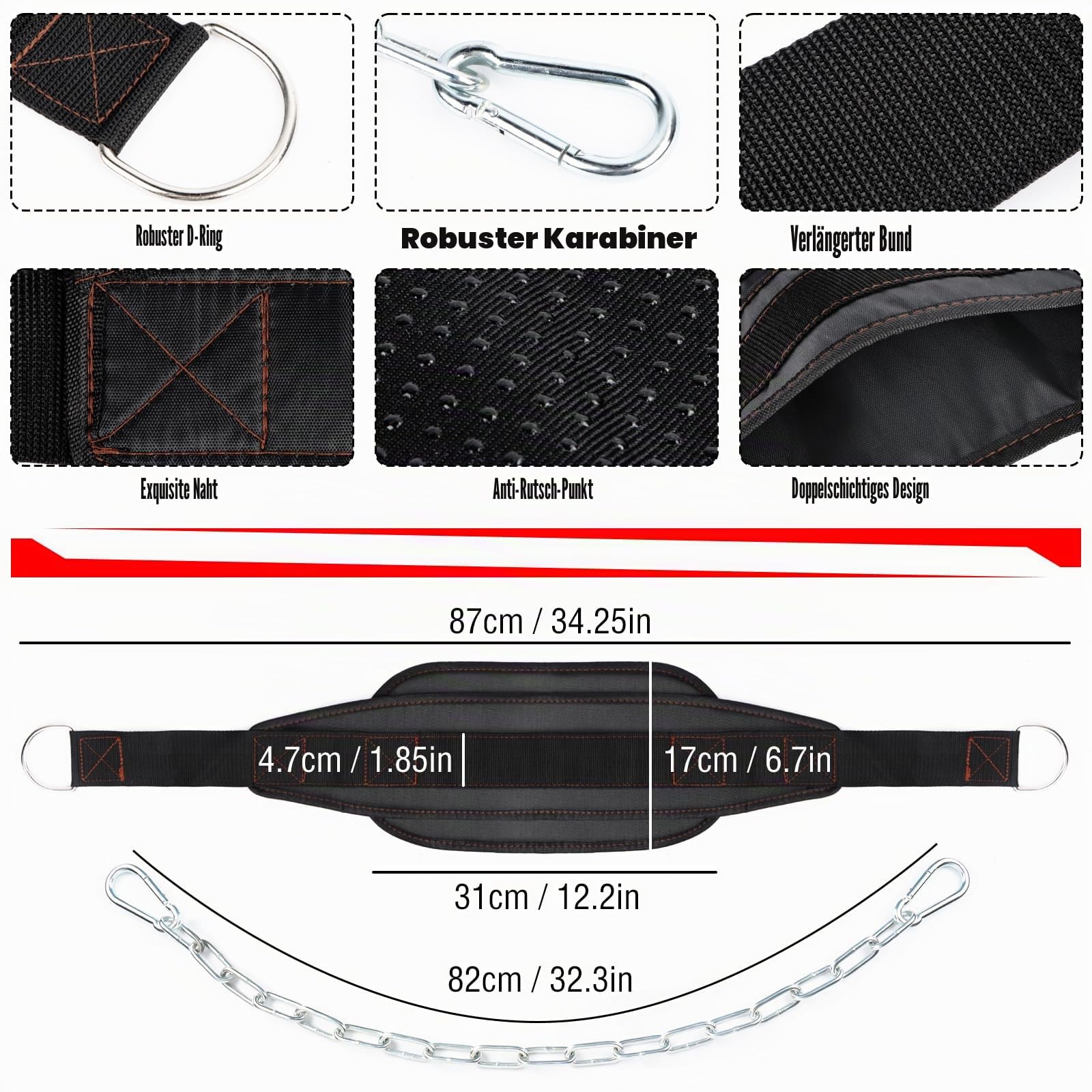 Fitness Gewichthebergürtel Dip Gürtel mit Stahlkette und 2 Karabiner Neopren Gewichtsgürtel für herren Frauen Weight Lifting Belt für Krafttraining, Bodybuilding, Gewichtheben, Klimmzüge
