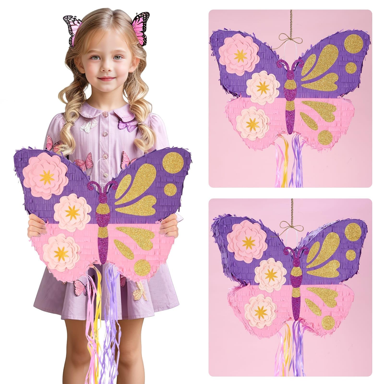WERNNSAI Farfalla Pinata – farfalla compleanno pinata decorazione ragazza bambini rosa viola fiori piñata con bastone maschera occhi nappa coulisse festa di compleanno decorazione divertente piñata
