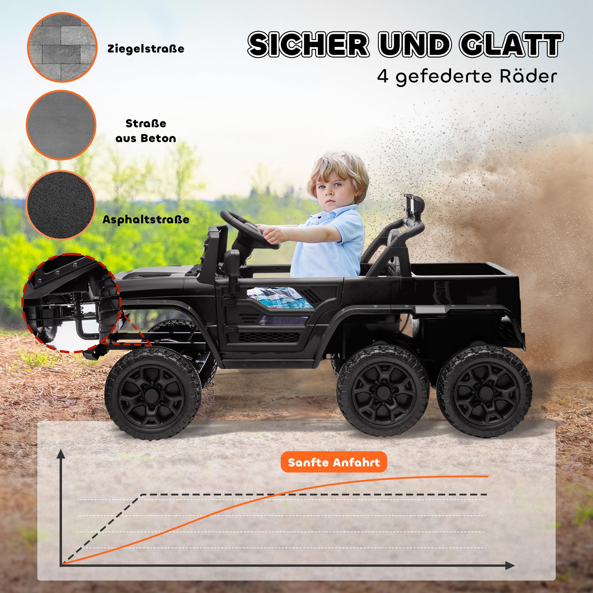 AIYAPLAY Kinder Elektroauto, 12 V Geländewagen mit 2,4G Fernbedienung， Anhänger, 4x4-Antrieb/2x2-Antrieb Kinderfahrzeug mit LED-Lichte, Sanft-Start, Musik, Hupe, 2,5-4 km/h, 3-8 Jahre, Schwarz
