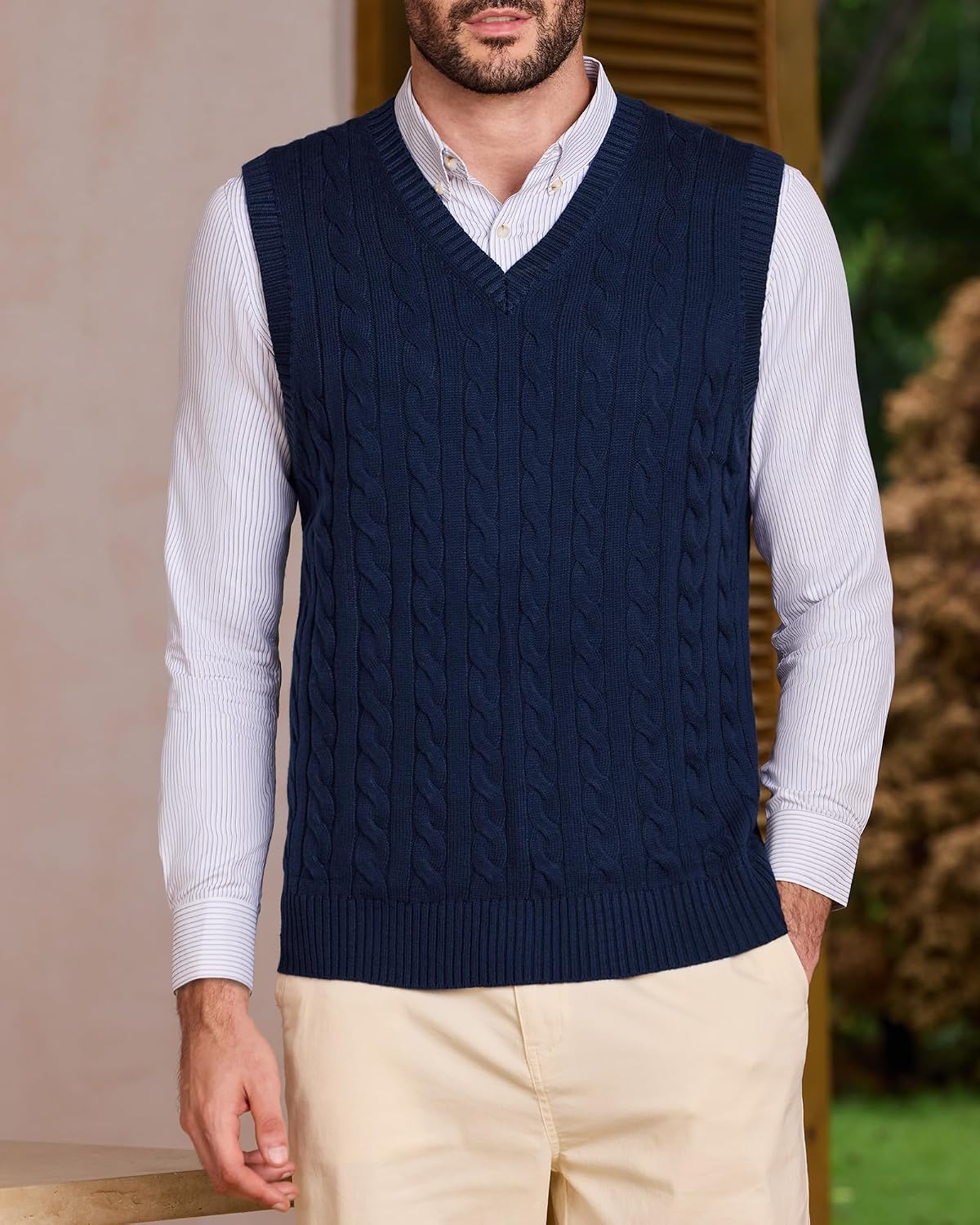 Kallspin Mens Sweater Vest Wool Blend Cable Knit V Neck Sleeveless Pullover Casual Bussiness Knitwear