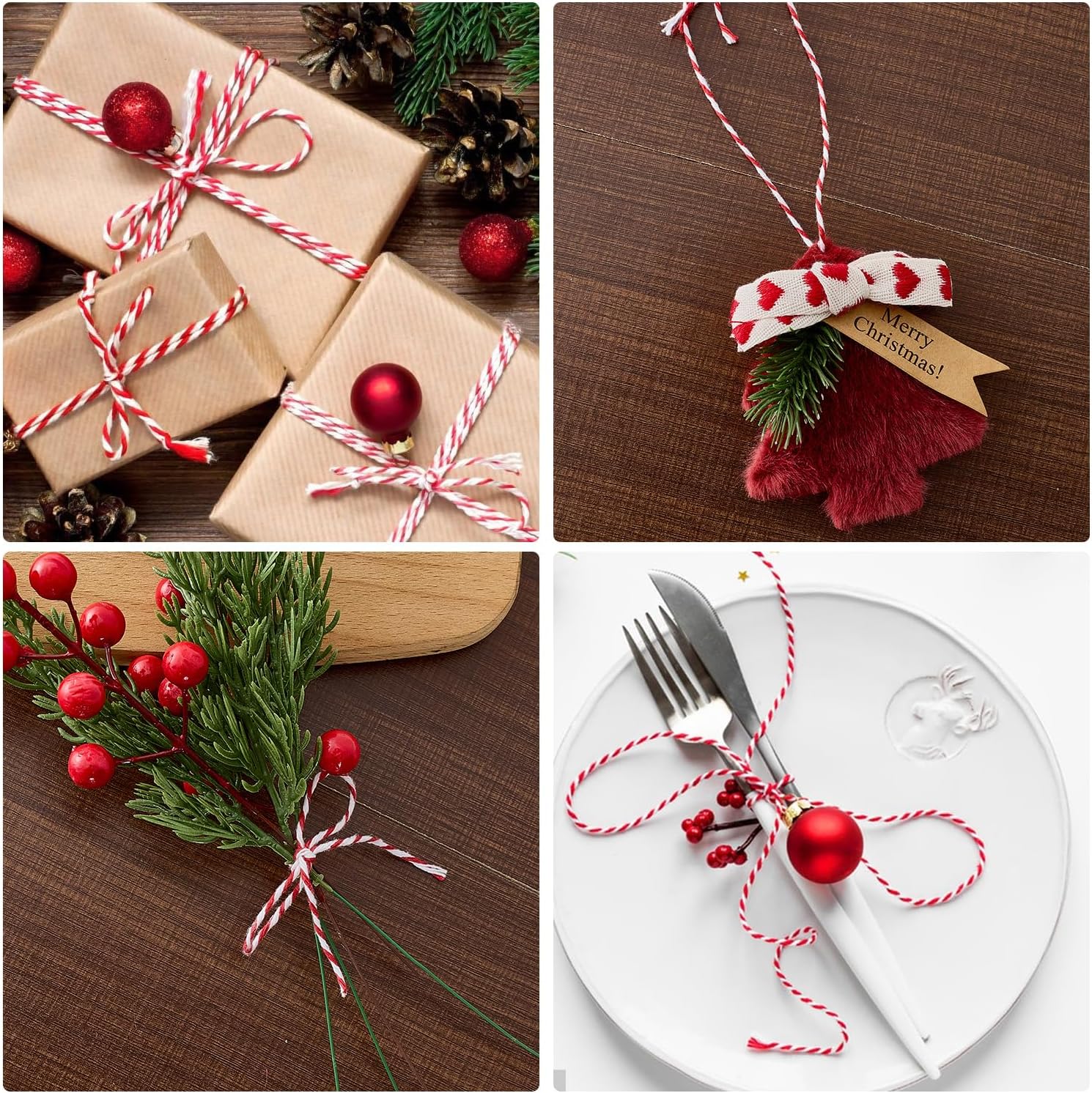 Marrywindix 110Yards Cotton Bakers Twine String Christmas Decorative Twine Wrapping String Craft Present Wrapping Cord for Christmas Decor DIY Crafting Presents Gift Tags (Red and White, 39, Inches)