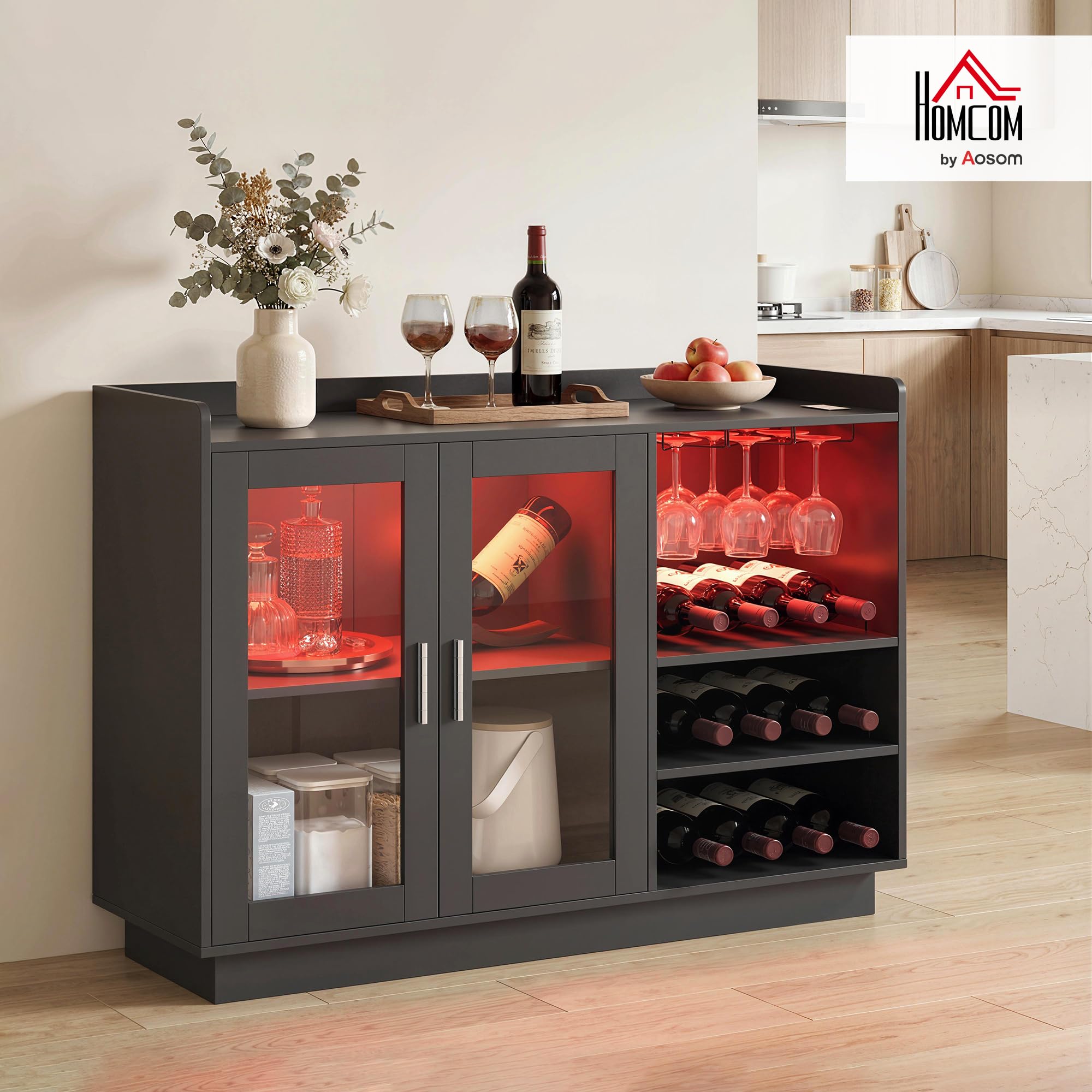 HOMCOM Mueble de Bar, Armario Buffet para Vinos con Luces LED RGB y Botellero para 12 Botellas, Aparador de Cocina con Estante Ajustable y Puertas de Cierre Suave, para Comedor, Salón, Negro