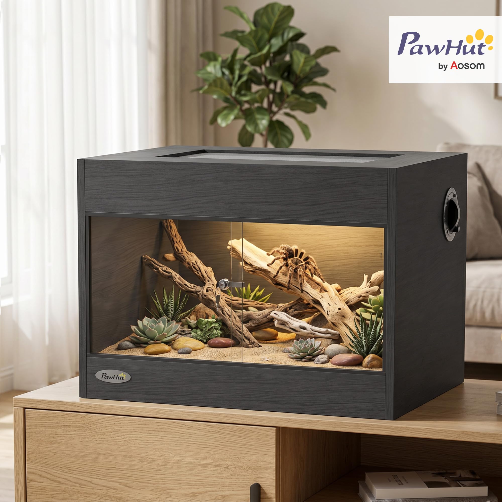 PawHut Terrario per rettili ad alta resistenza per geco 60x45x45cm Nero | Porte vetro scorrevoli, chiusura sicurezza, ventilazione sup., vivario rettili, recinto tarantola, drago barbuto, serpente