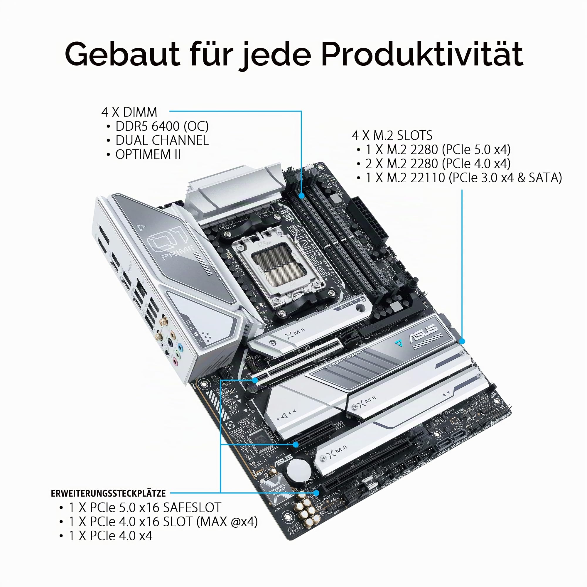 ASUS Prime X670E-PRO WiFi Gaming Mainboard Sockel AMD AM5 (Ryzen 7000, ATX, PCIe 5.0, 4. M.2, DDR5-Speicher, USB 3.2 Gen 2 Typ-C, Aura Sync RGB-Beleuchtung) 90MB1BL0-M0EAY0