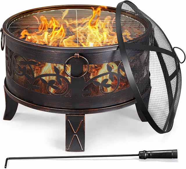Yaheetech Fire pit for Garden Fire Bowl Heater with BBQ Grill & Spark Guard & Poker for Heating BBQ in Garden/Yard/Patio, Bronze Dia:66.5cm