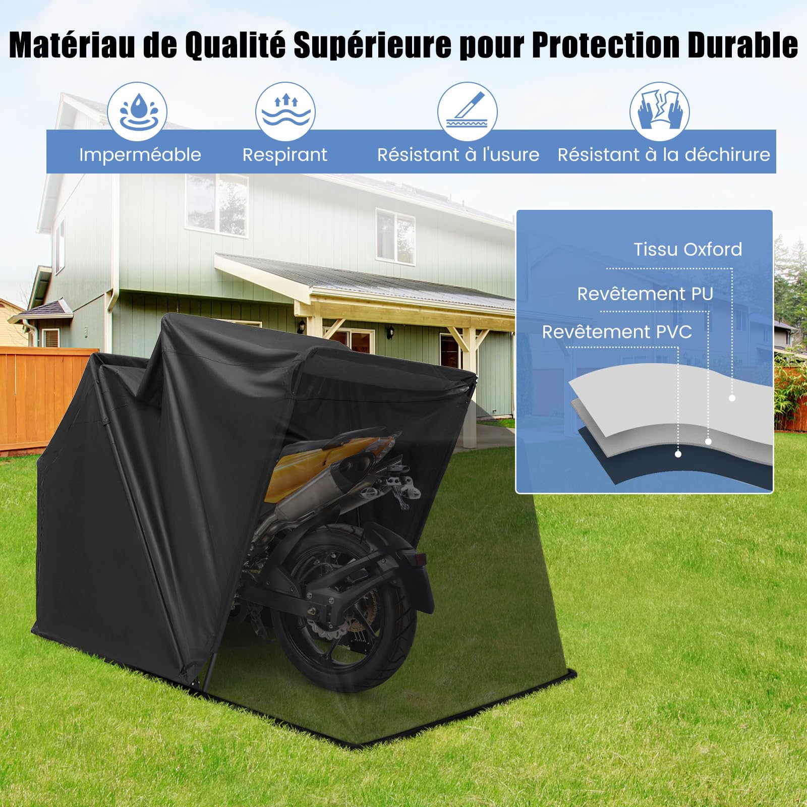 COSTWAY Abri de Moto Extérieur de 345 x 137 x 190 cm, Tente Moto avec Housse en Tissu Oxford Fenêtres en Maille Enroulables, Housse Vélo Exterieur Étanche pour Vélos Outils, Noir