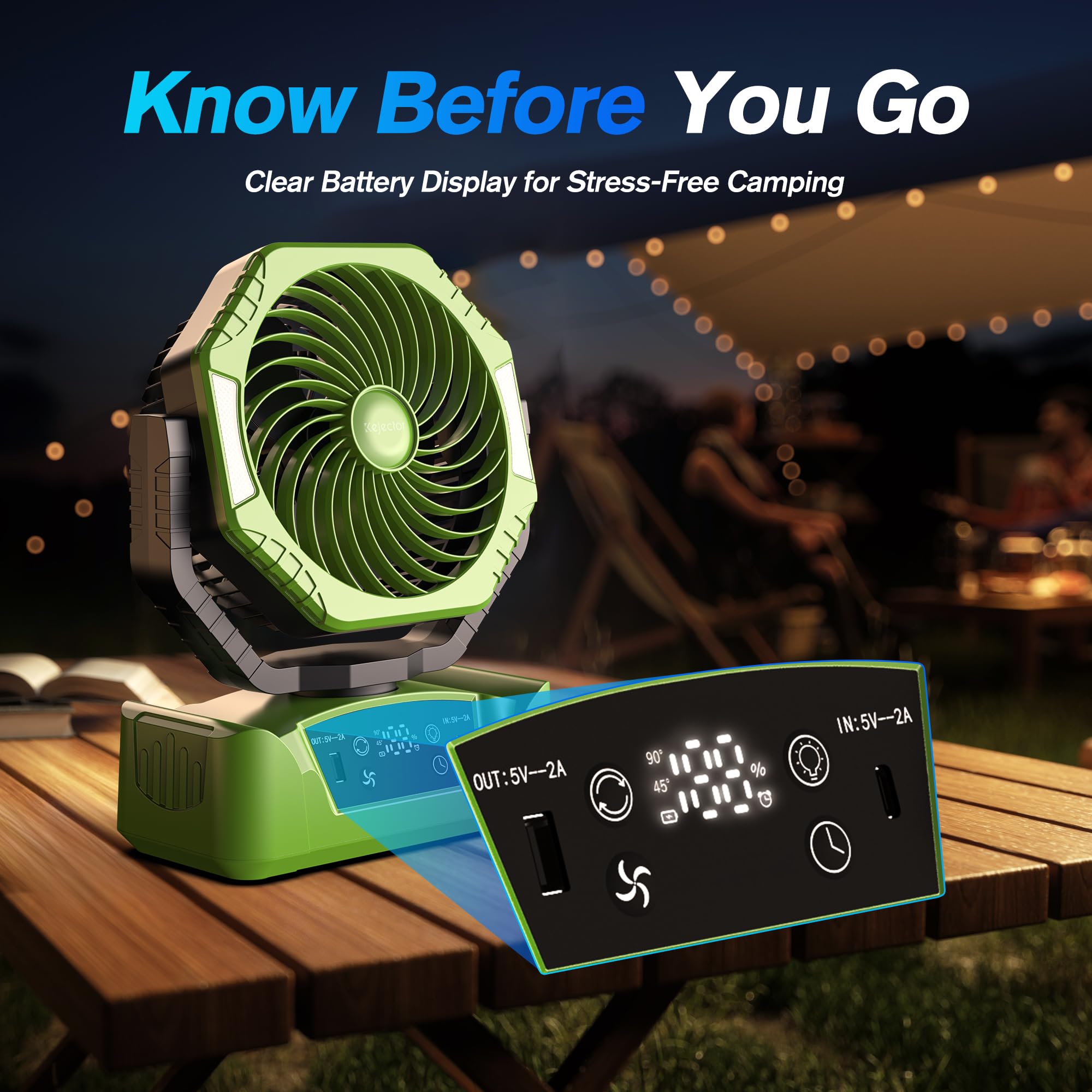 kejector Ventilatore da campeggio con luce a LED, batteria ricaricabile da 24000 mAh, portatile, con gancio, ventilatore da scrivania, USB, telecomando, 6 velocità, per tenda all'aperto, viaggi