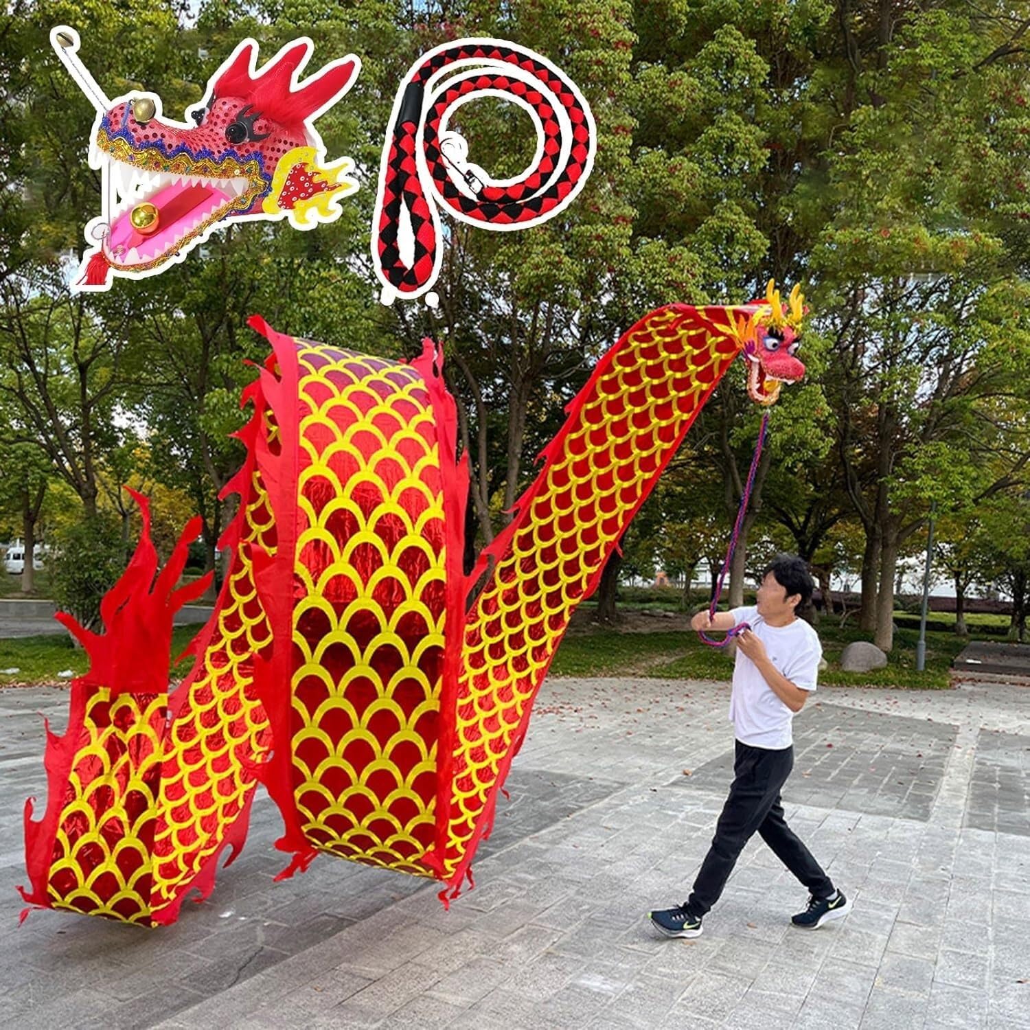 TFG - Ttfd Dancing Dragon with Scales and Head, Outdoor Juggling Flinging Dragon Streamers, Flowing Silk Dragon Dance Ribbons(Red,8 m (26 ft))