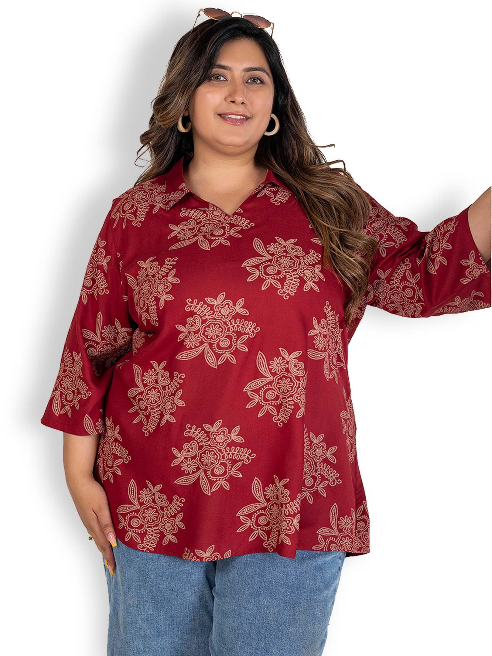 leasy Women's Plus Size Printed Pure Cotton Short Kurti | Regular Collar Kurti Top | Collar with V-Neck Detailing | Casual Wear Plus Size Top | 3XL to 8XL-picture-35
