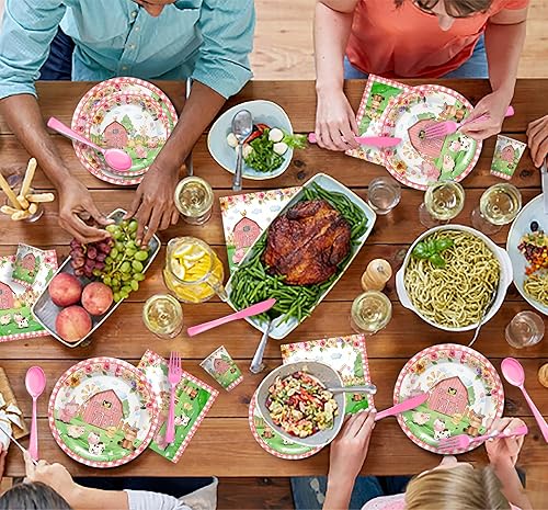 Miniatura 5 de Pink Farm - Suministros de fiesta de cumpleaños para niña, decoraciones de fiesta de baby shower de animales de granja, incluye platos llanos,