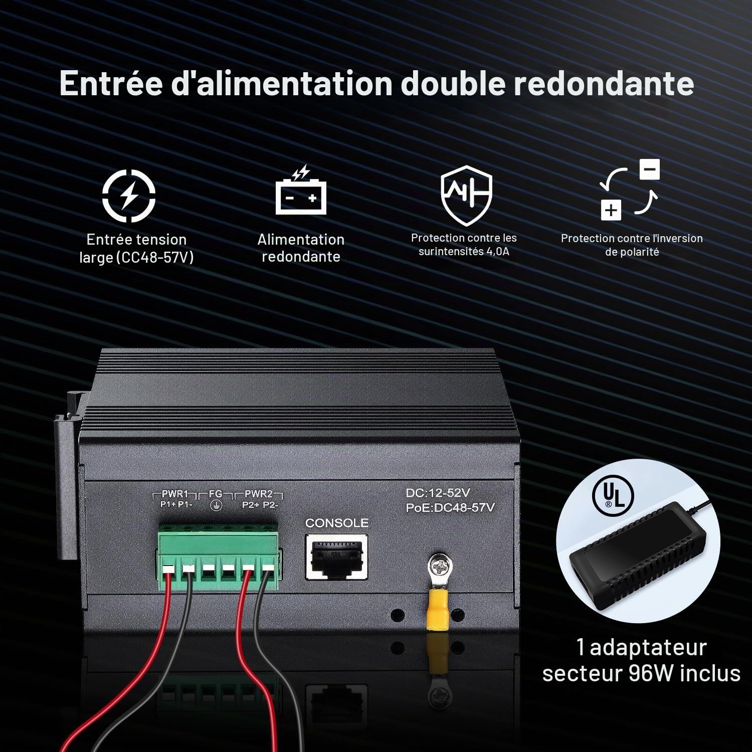 MokerLink 8 Port Gigabit PoE Industrial DIN-Rail Ethernet Switch Managed, 2 SFP Ports, IEEE802.AF/at 96W PoE+ Power, Web L2+ Managed IP40 Network Switch, avec Alimentation électrique