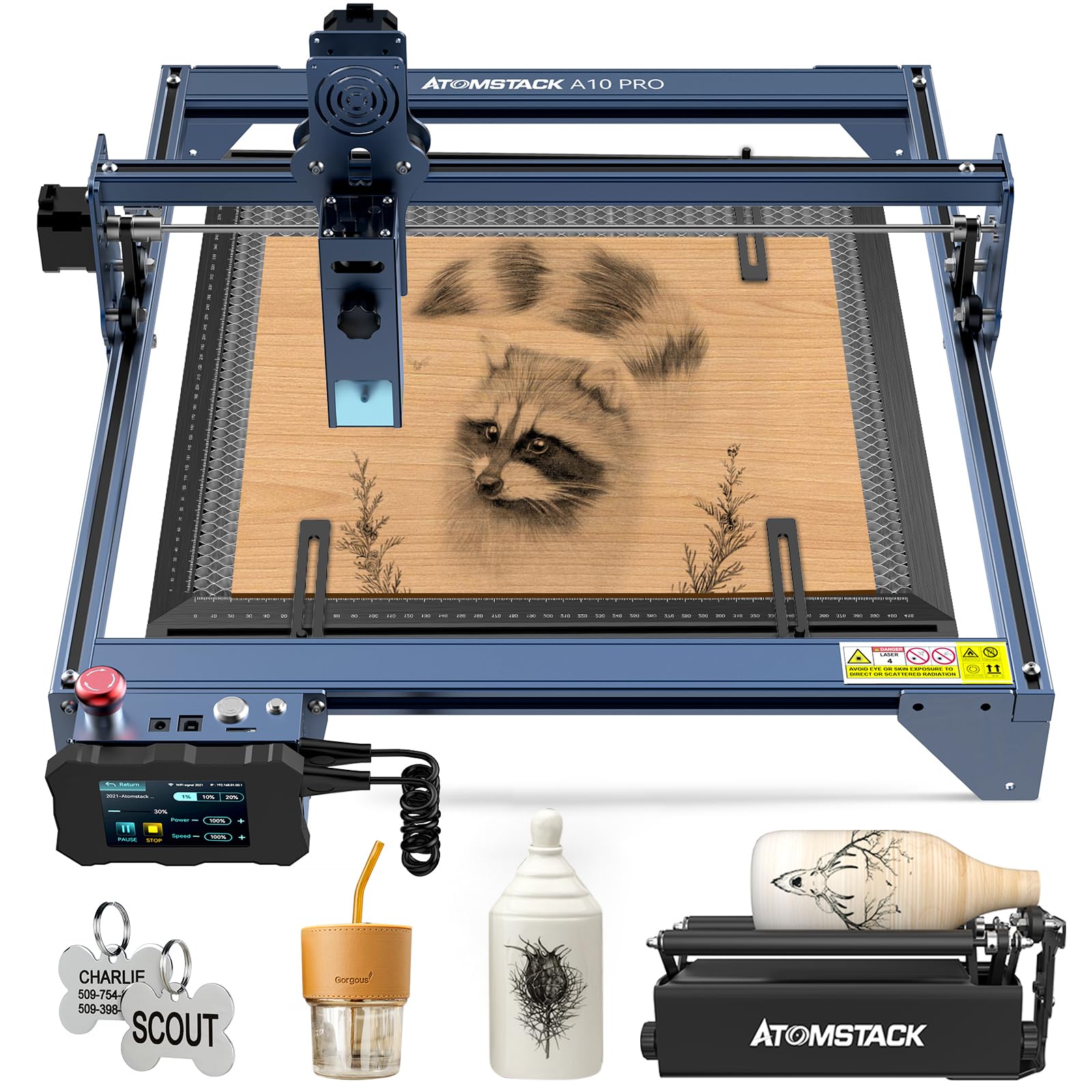ATOMSTACK Macchina per incisione laser A10 Pro, 10 W, taglio laser, taglio laser CNC, 50 W, con piastra a nido d'ape R3 Pro Rotary Roller F2