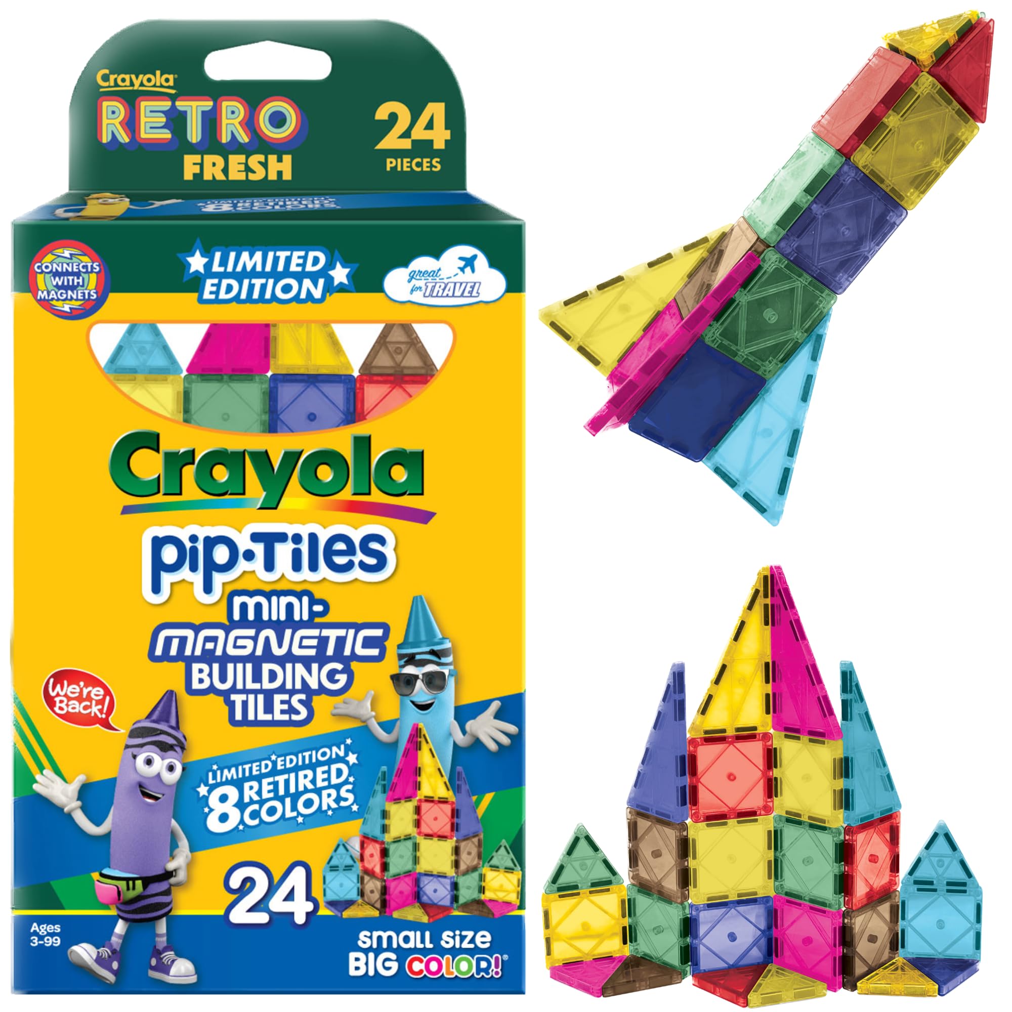 CreateOn Crayola Limited Edition Retro PIP Magnetic Tiles, Mini Building Set for Kids, Magnetic Tiles, Kids’ Building Toys, STEM &amp; Montessori Toys for Boys and Girls Ages 3+, 24-Piece Set (Retro)