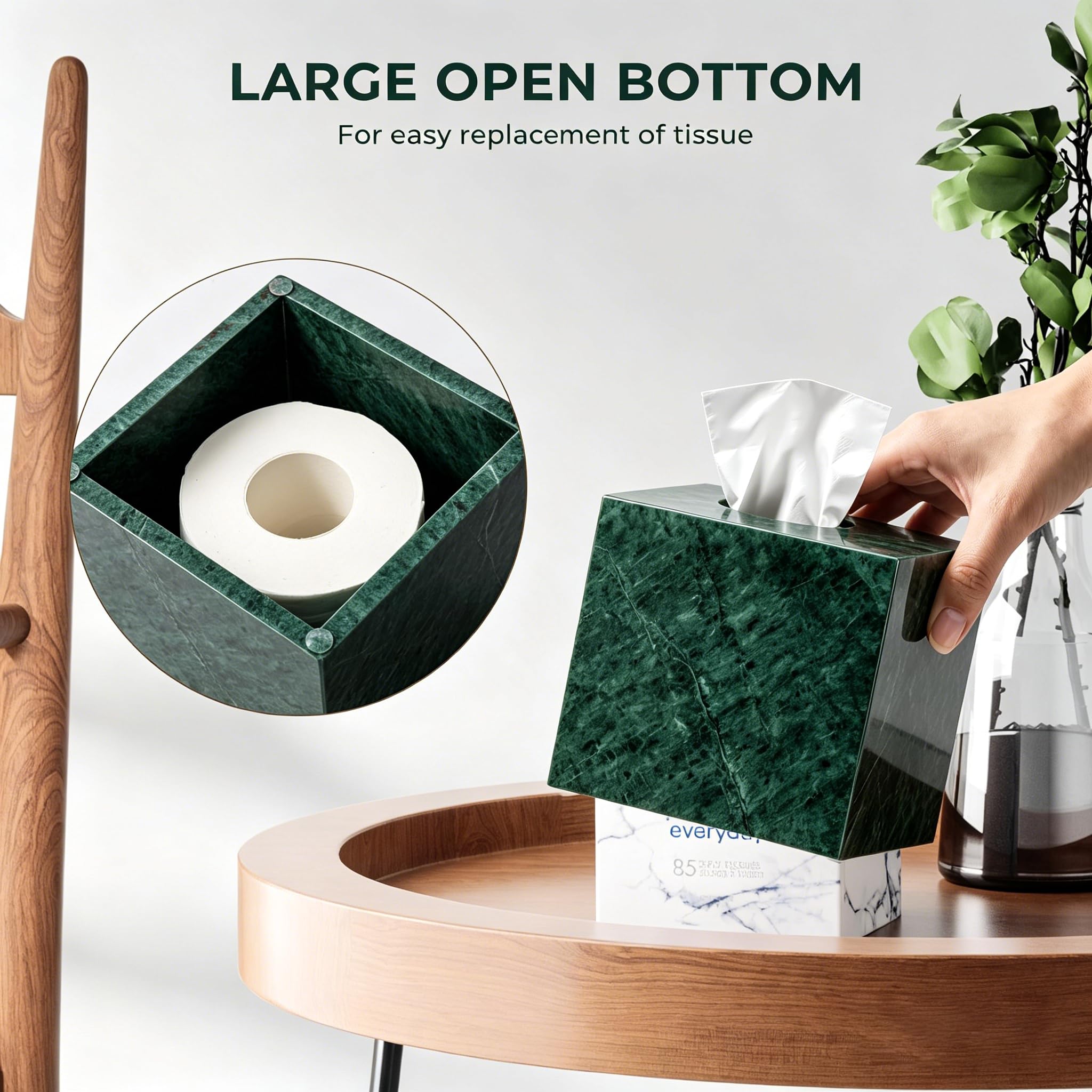 Porta fazzoletti in marmo naturale, quadrato, con fondo aperto, porta fazzoletti per bagno, vanity top, comò da camera da letto, piano di lavoro della cucina, verde