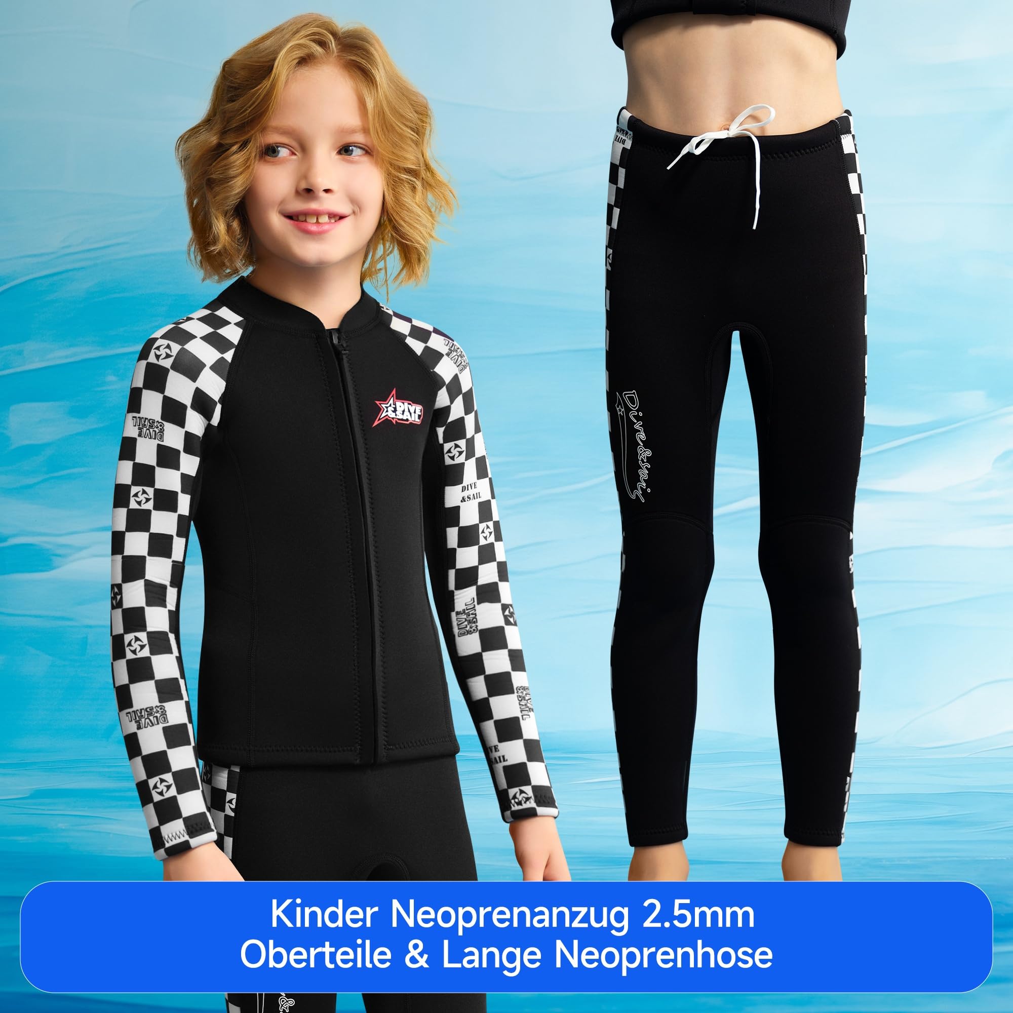 Kinder Neoprenanzug 2.5mm Oberteile Lange Neoprenhose 2-Teilig Jungen Mädchen Langarm Reißverschluss Warm Wassersport Schwimmen Tauchen Surfen Kajakfahren
