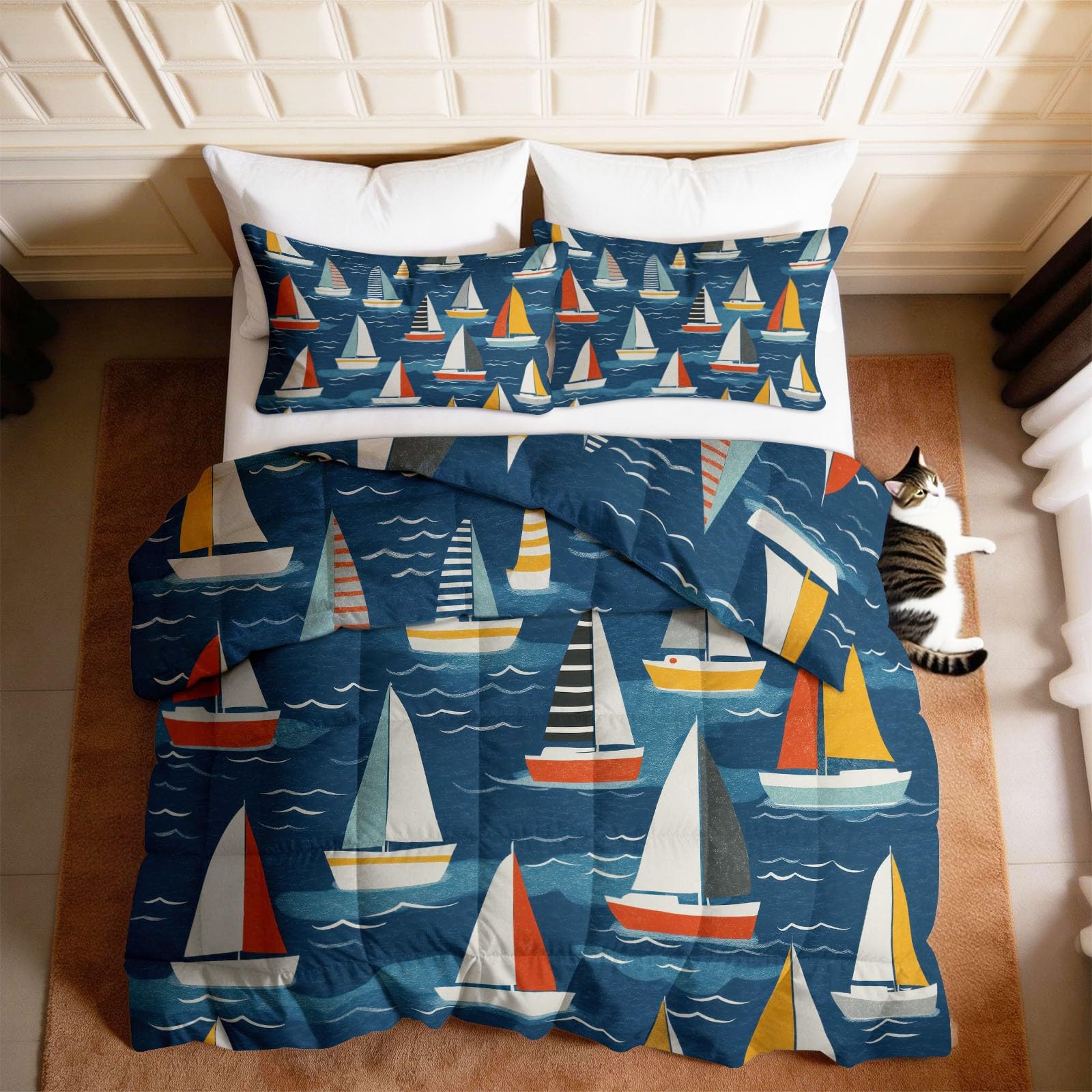 Generisch Kołdra 260 x 220 cm, na 4 pory roku, styl retro, żeglarski, dwustronna, dla alergików, lekka, miękka, pikowana, bez poszewki, żaglówka, fale – kołdra do spania z 2 poszewkami na poduszki