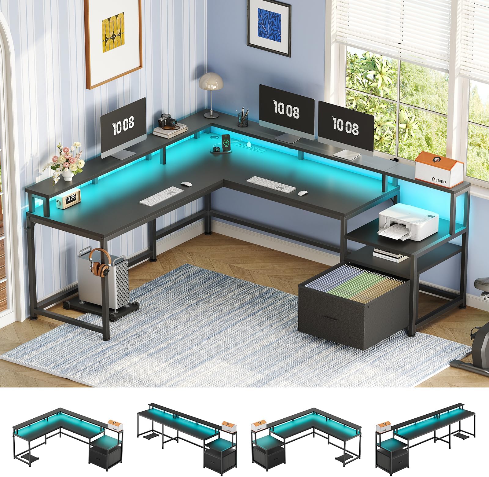 66" L Shaped Desk with Power Outlet, Reversible Home Office Computer Desk with File Drawer & Monitor Shelf, Storage Shelves, LED Lights for Corner Small Spaces, Black