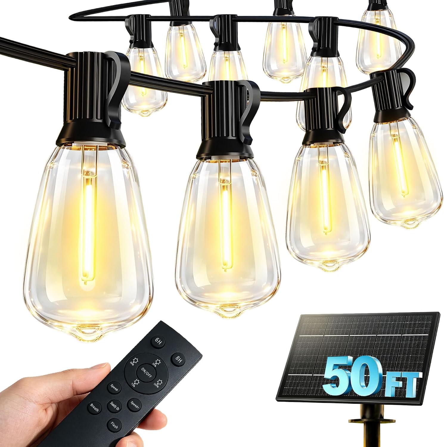 50FT Solar String Lights Outdoor Waterproof Dusk to Dawn Edison Cafe Lights