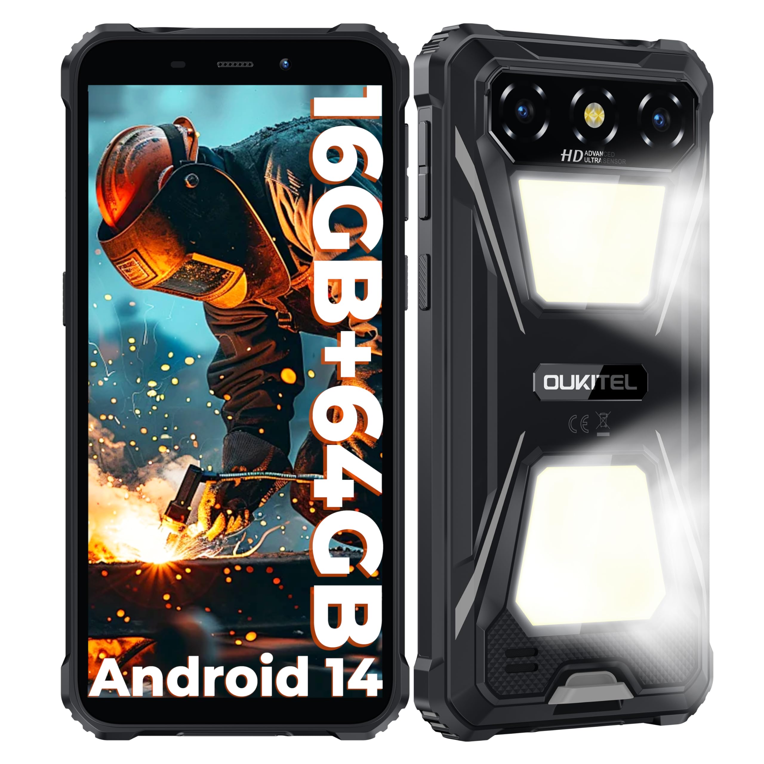 OUKITEL G5 Rugged Smartphone con 900LM Luce Campeggio - 16(4+12) GB+64GB /TF 1TB, Android 14 Telefono Indistruttibile, 6300mAh 13MP+5MP 6" HD Cellulari e Smartphone IP68/BT5.0/OTG/GPS Nero