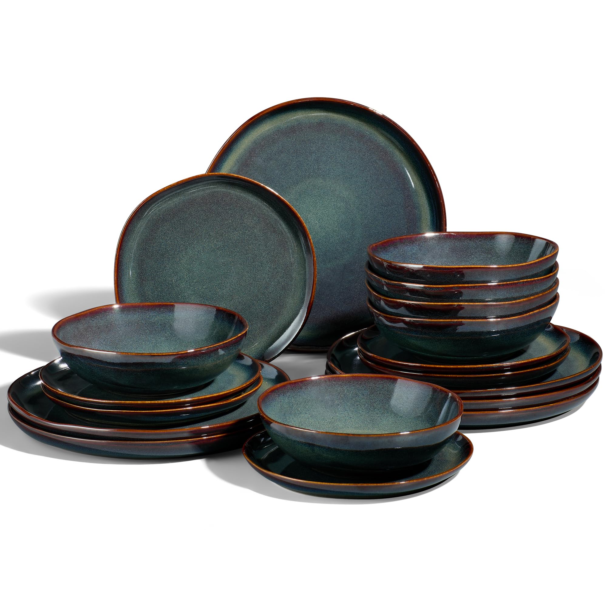 Joyfair Dinner Set, 18 Pieces Stoneware Dinnerware Set Service for 6, Reactive Glaze Irregular Shape Plates and Bowls, Chip & Scratch Resistant, Microwave & Dishwasher Safe, Blackish Green — image 1
