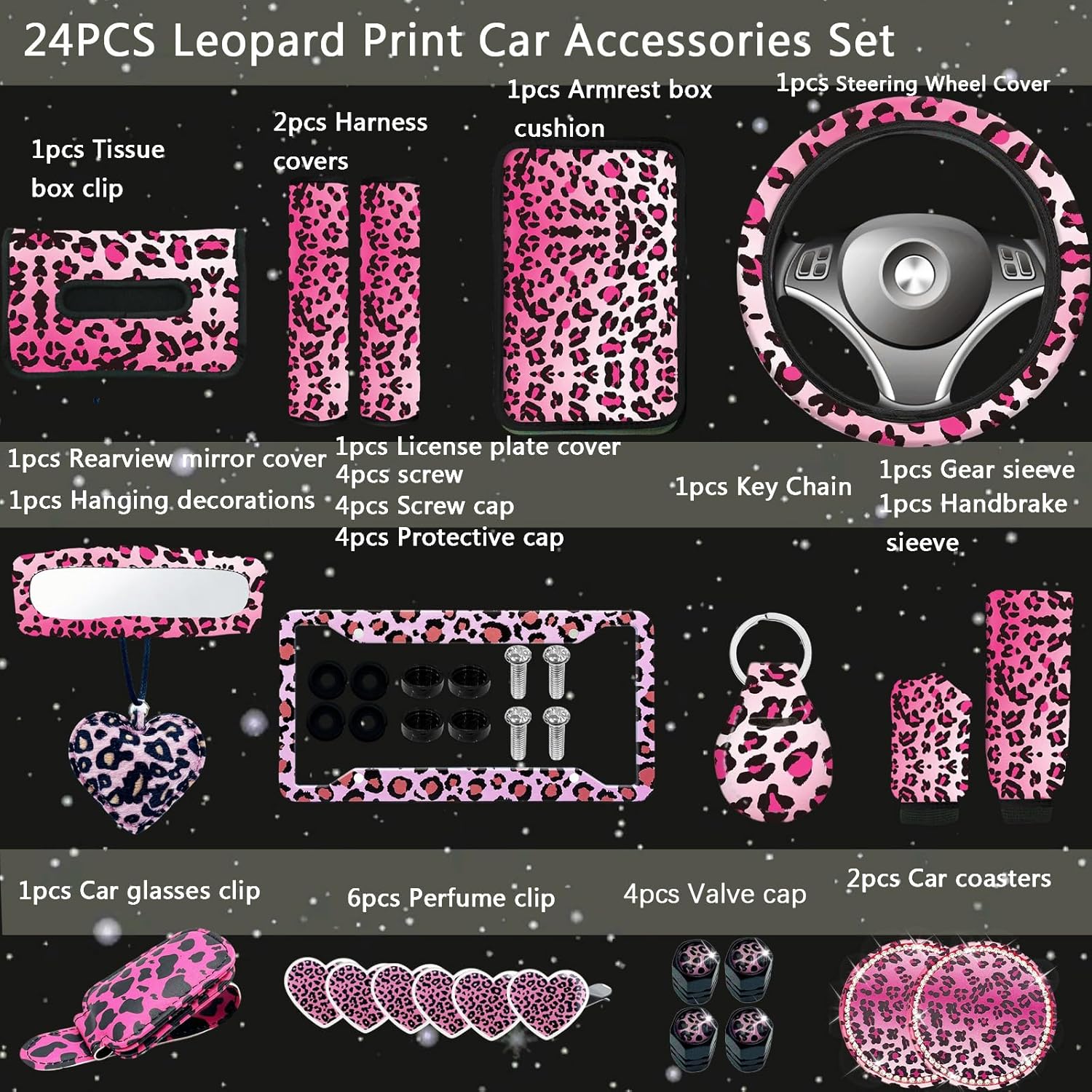 24 Pcs Leopard Print Car Accessories,Including License Plate Frame,Rearview Mirror Decoration,Etc,Suitable for Sedan,SUV and Other,Cute Car Interior Set for Women (Pink)