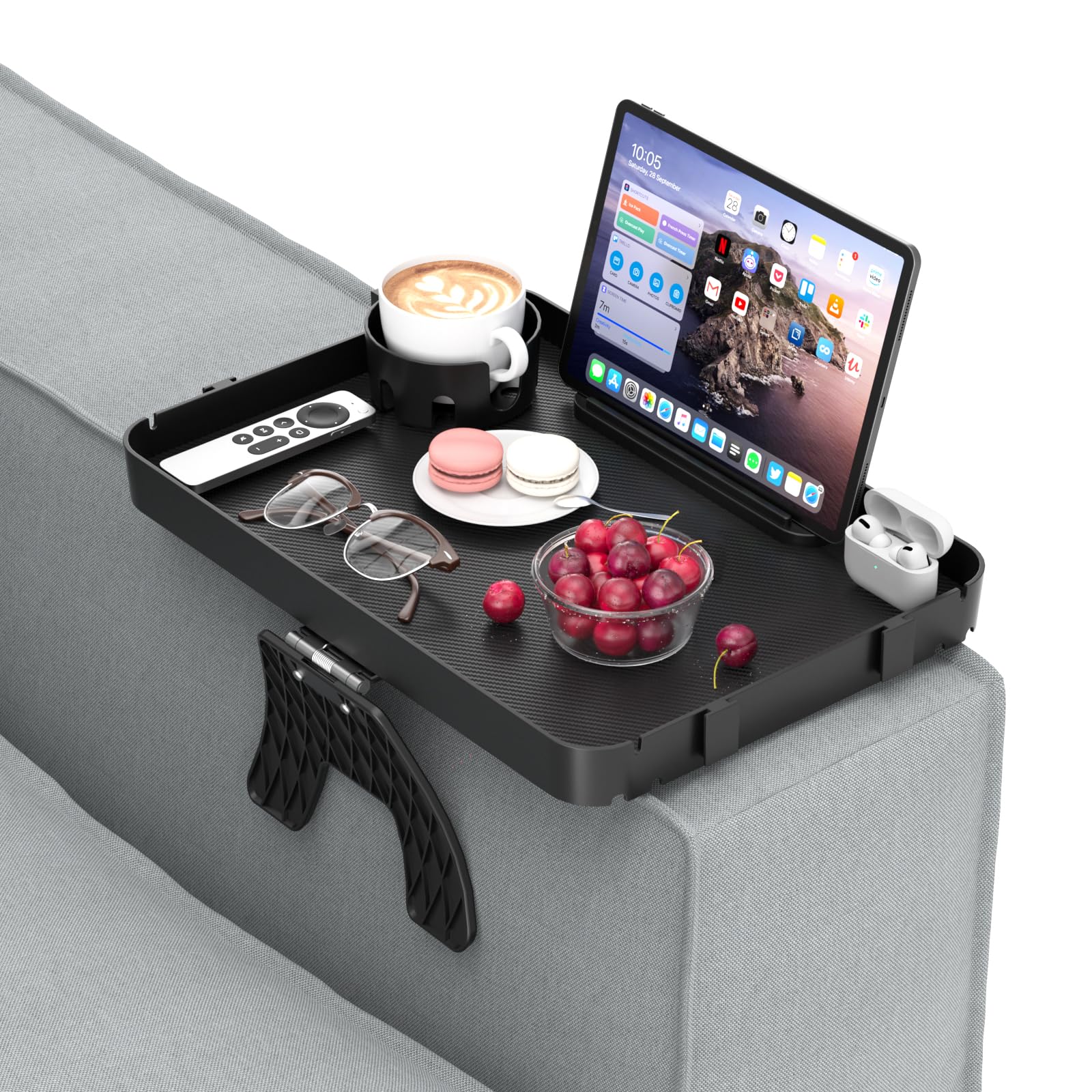Sofa Arm Tray, Adjustable Clip Armchair Tray Table Large Capacity Plastic Couch Caddy With Cup Holder Removable Phone Pad Holder Armrest Organiser Snack Table For Different Armrest Widths 41.6x28cm