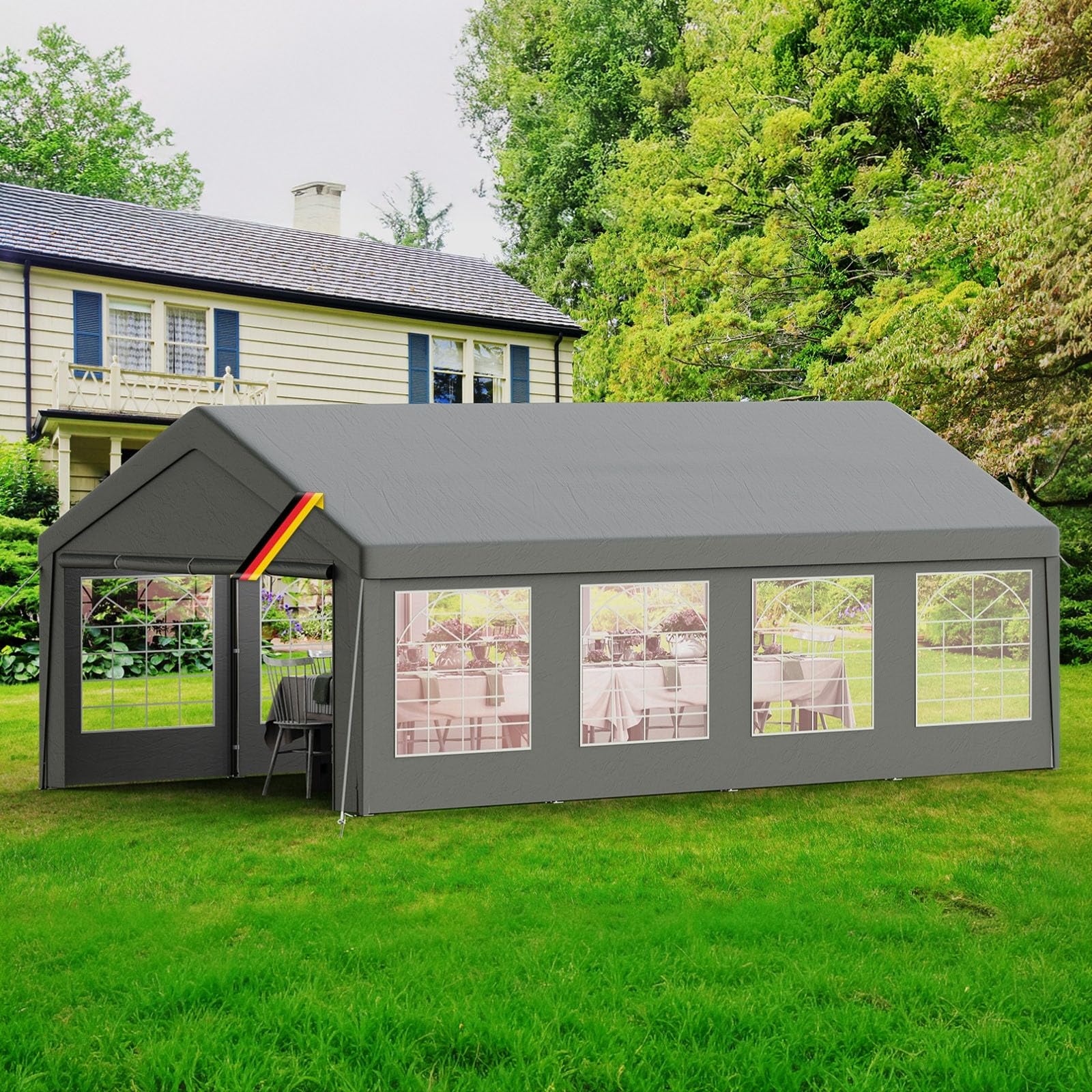 Pavillon 4x8, Partyzelt mit Seitenwänden & Giebelteilen, UV-Schutz & Wasserdicht, Gartenzelt Festzelt aus Verzinkte Stahlgestänge & PE-Plane, Abnehmbare Seitenwänd, Garten Partyzone, Grau