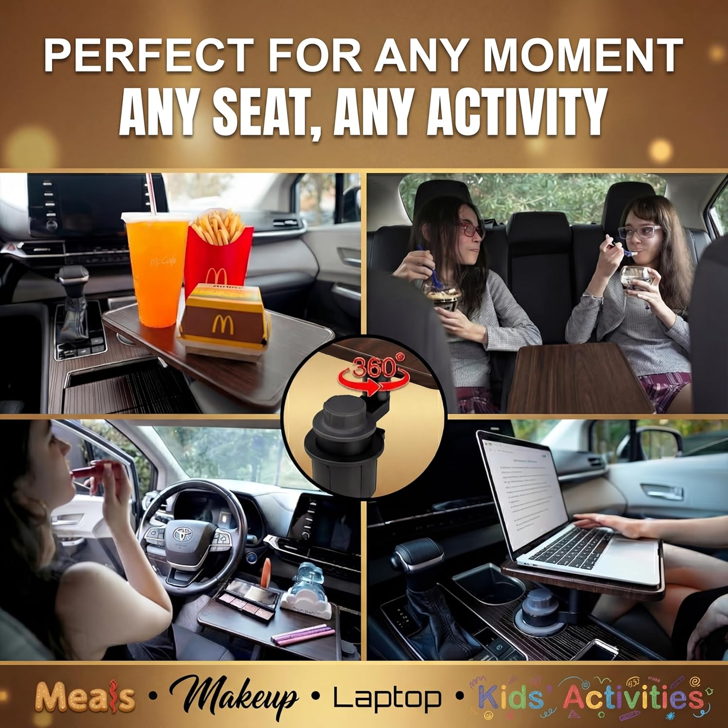 360° Rotating Wood Car Tray – Drive Thru Tray & Cup Holder Car Desk, Car Table Tray for Eating, Work & Travel – Adjustable Laptop Stand for Car – Portable Car Table for Vehicles & RV