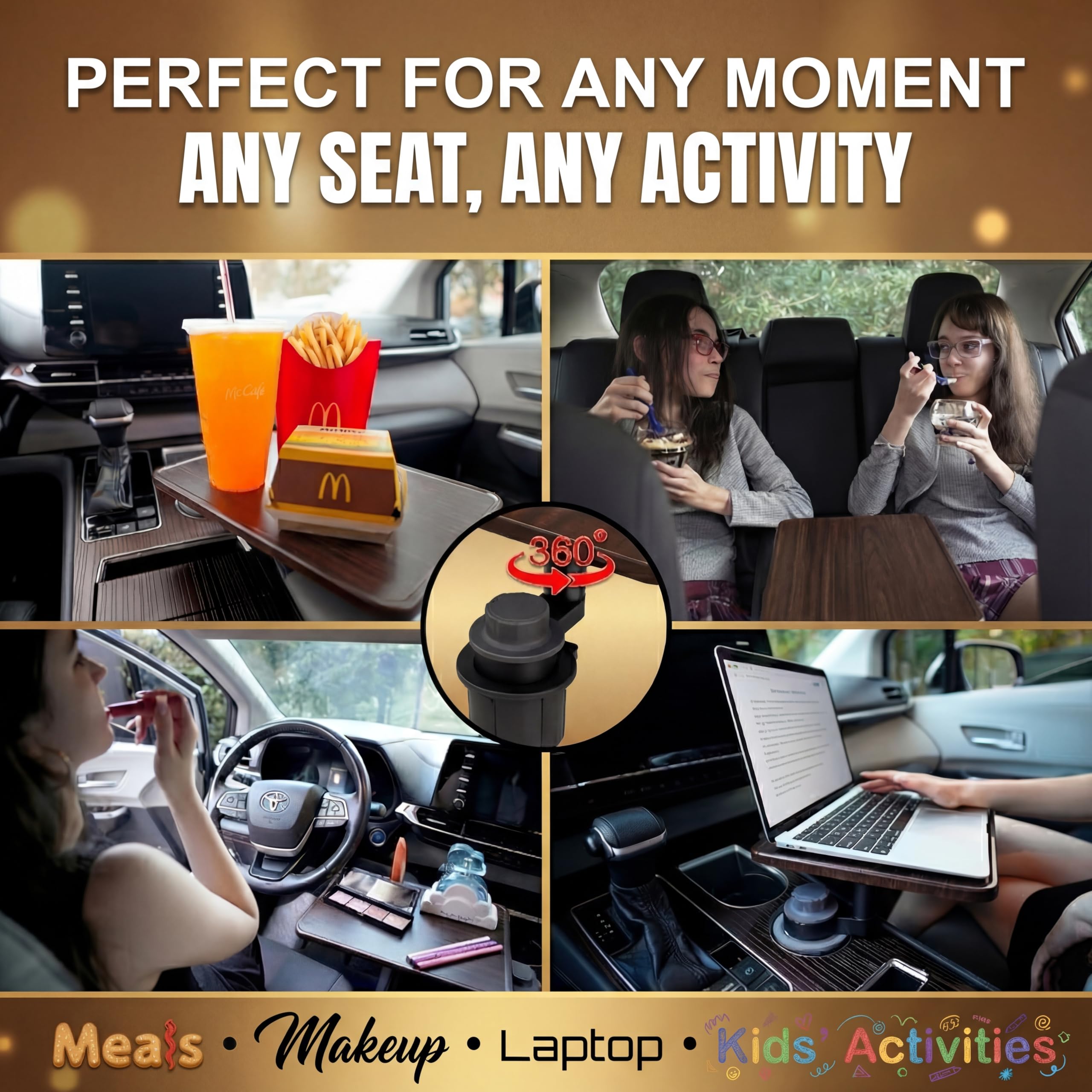 360 Rotating Wood Car Tray Adjustable Car Desk Car Table Tray Cup Holder Table Fits Any Vehicle Portable — view 7