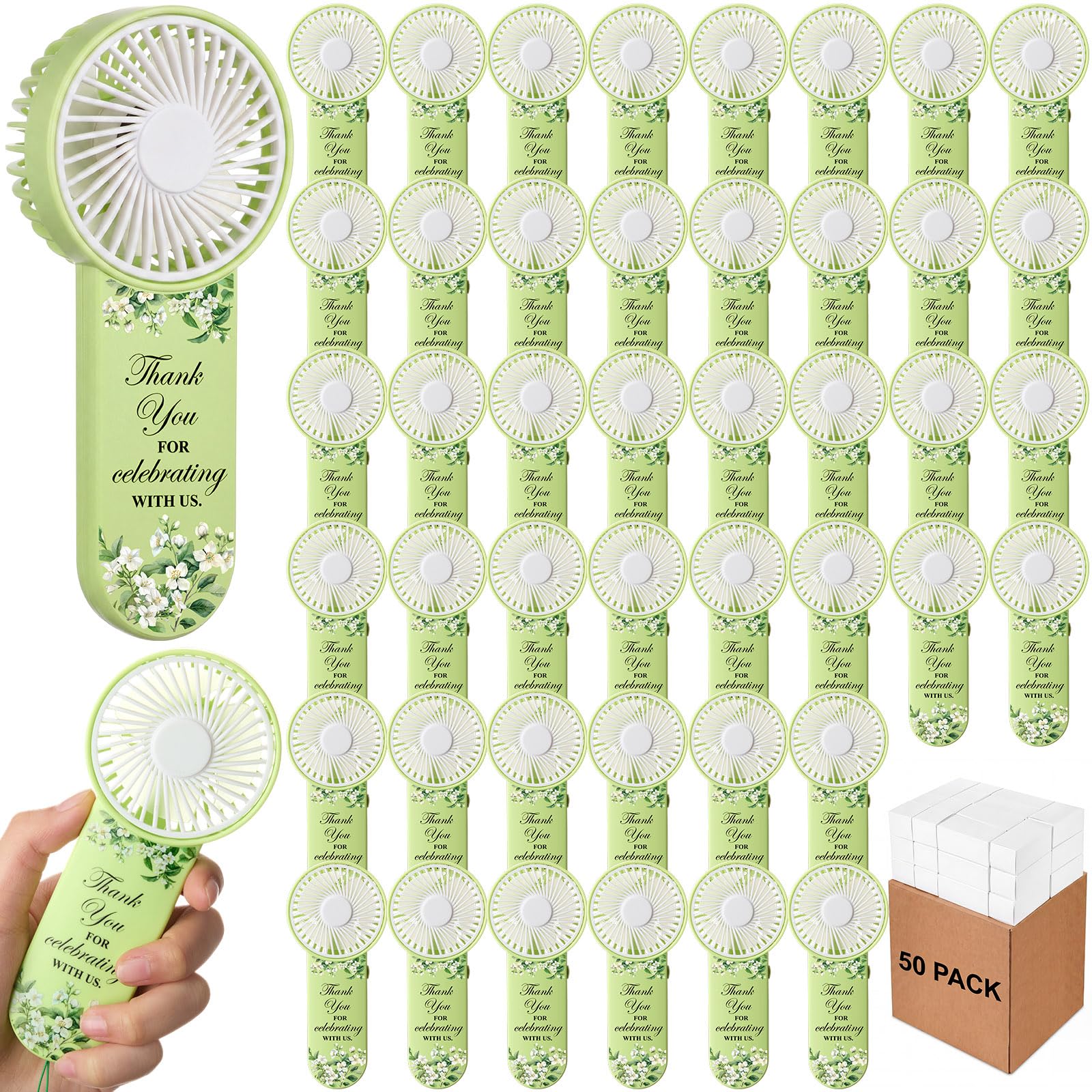 VIHOSE 50 mini przenośnych wentylatorów ręcznych, luzem, dla gości weselnych, zasilane bateriami, dziękujemy za świętowanie z nami, prezenty na lato, wieczór panieński, przyjęcie druhny (zielony)