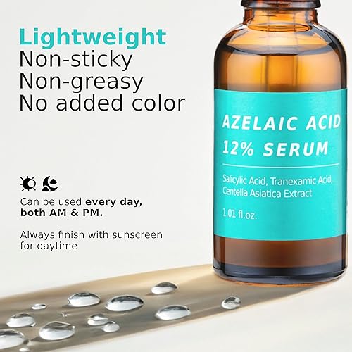 Miniatura 5 de Azelaic - Suero de ácido tópico al 12% para la cara, removedor de manchas oscuras con ácido tranexámico, ácido salicílico, niacinamida y centella
