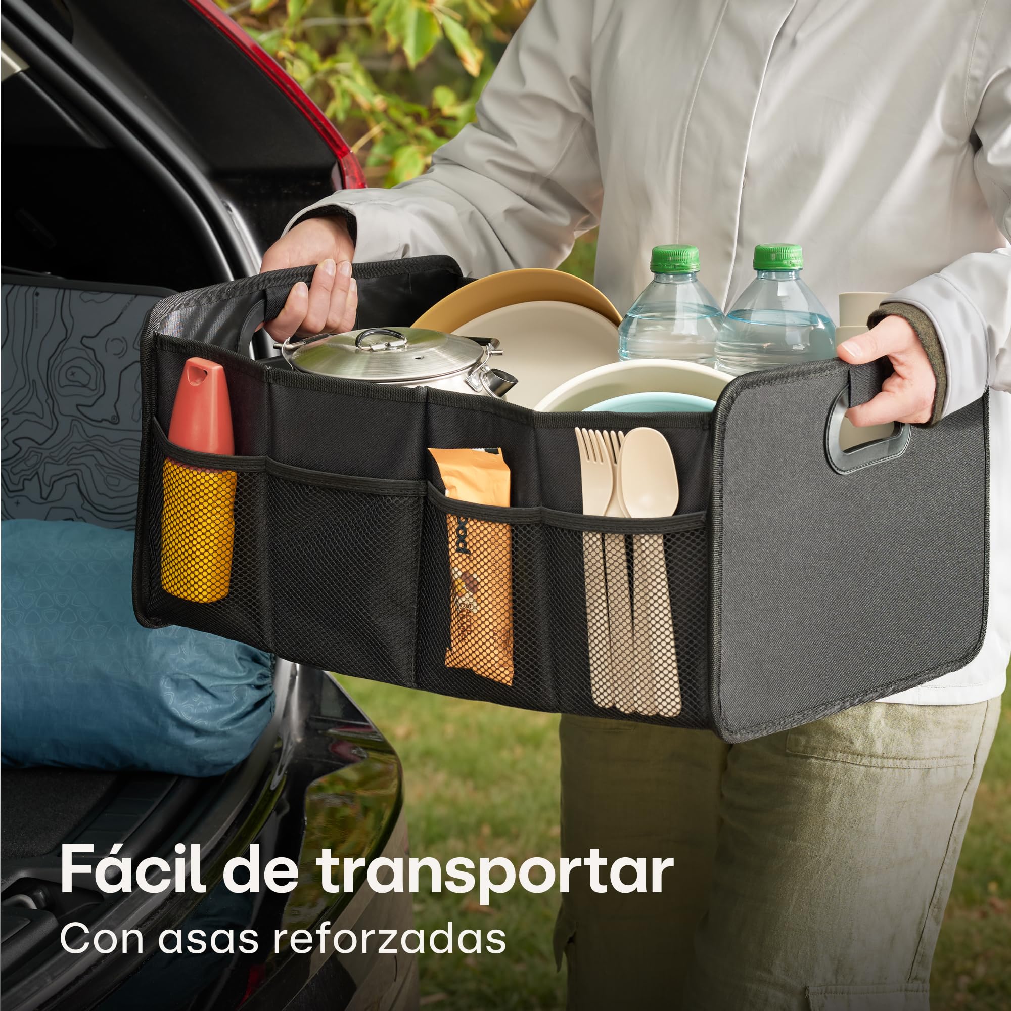 Praknu Organizador de Maletero Plegable XL – 3 Compartimentos Flexibles con 5 Bolsillos – Base Antideslizante – Tamaño Ideal para Organización del Coche – Robusto y Resistente al Agua de Tela Oxford