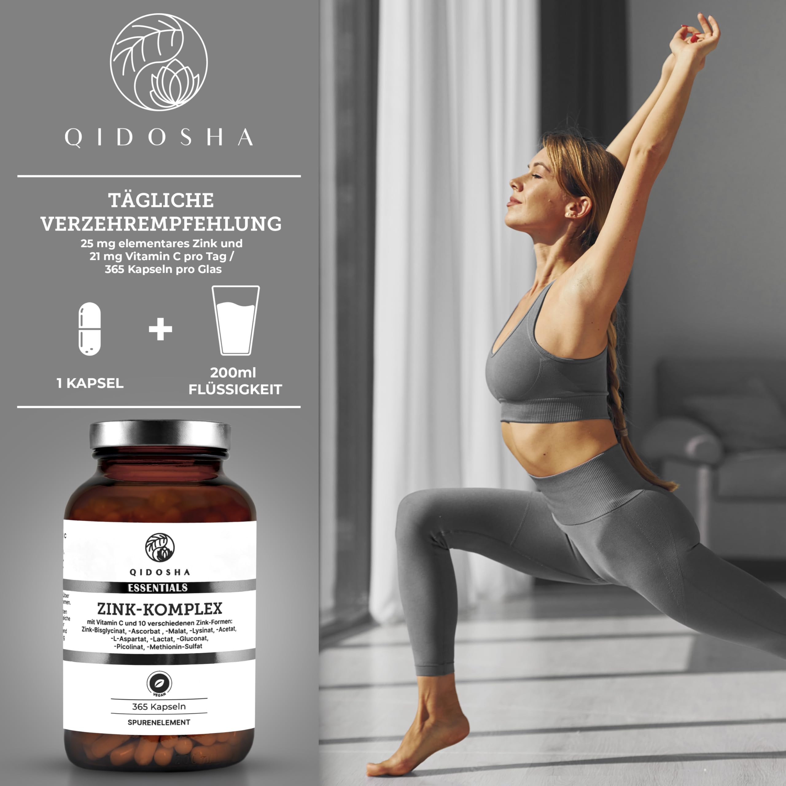 QIDOSHA® Zink Komplex, 365 Kapseln, 25 mg Zink aus 10 verschiedenen Zn-Formen plus Vitamin C, vegan, deutsche Fertigung, jede Charge laborgeprueft