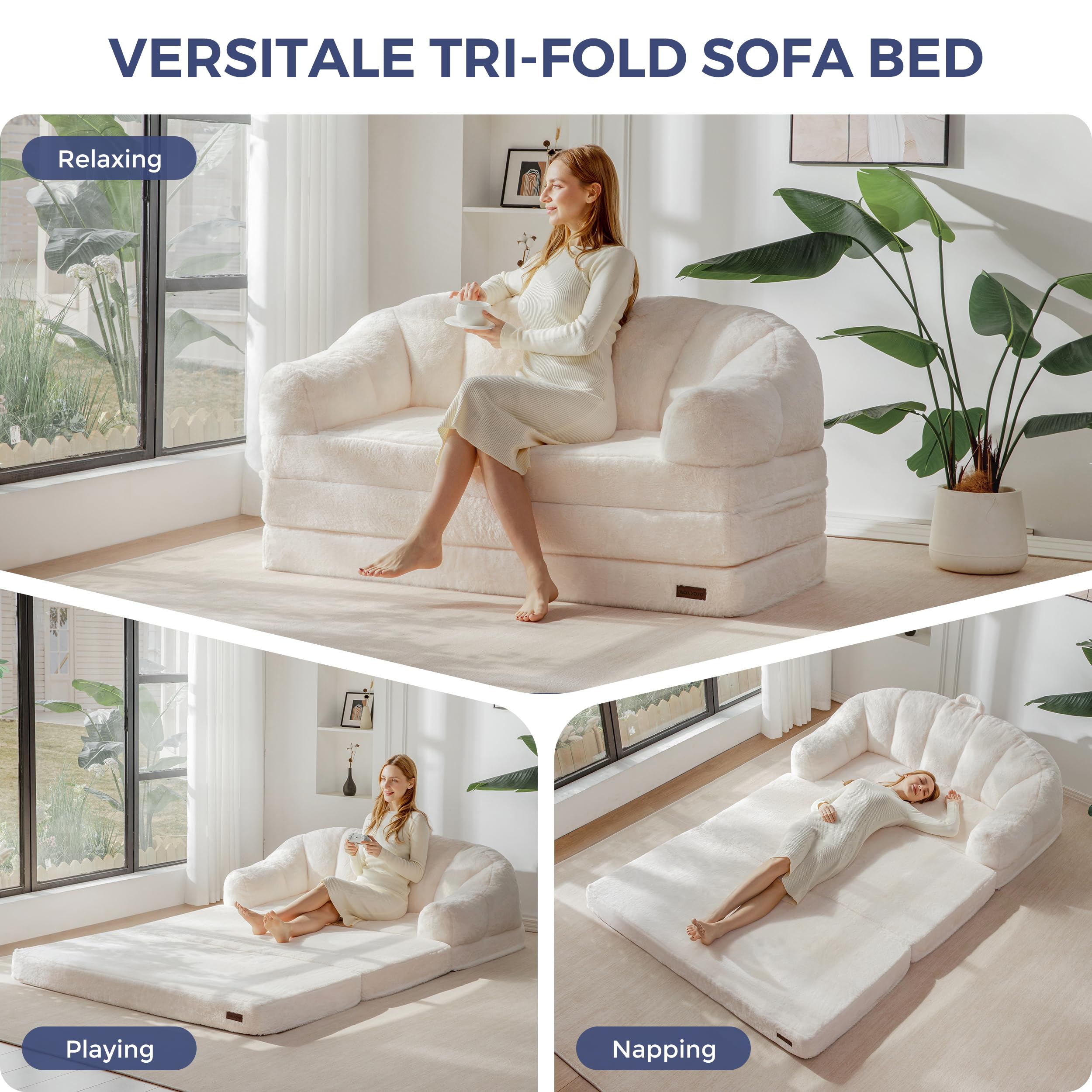 MAXYOYO Folding Sofa Bed, 2 in 1 Convertible Sofa to Lounger | Comfy Loveseat Bean Bag Chair for Adults, Floor Couch with Handle, Faux Fur Couch Bed for Living Room Bedroom, Beige